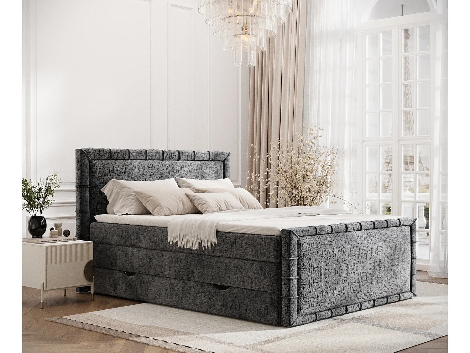 Łóżko boxspring w tkaninie szenilowej Estelle - materac - topper - 180x200 cm - antracytowy 3981800 - obrazek 1