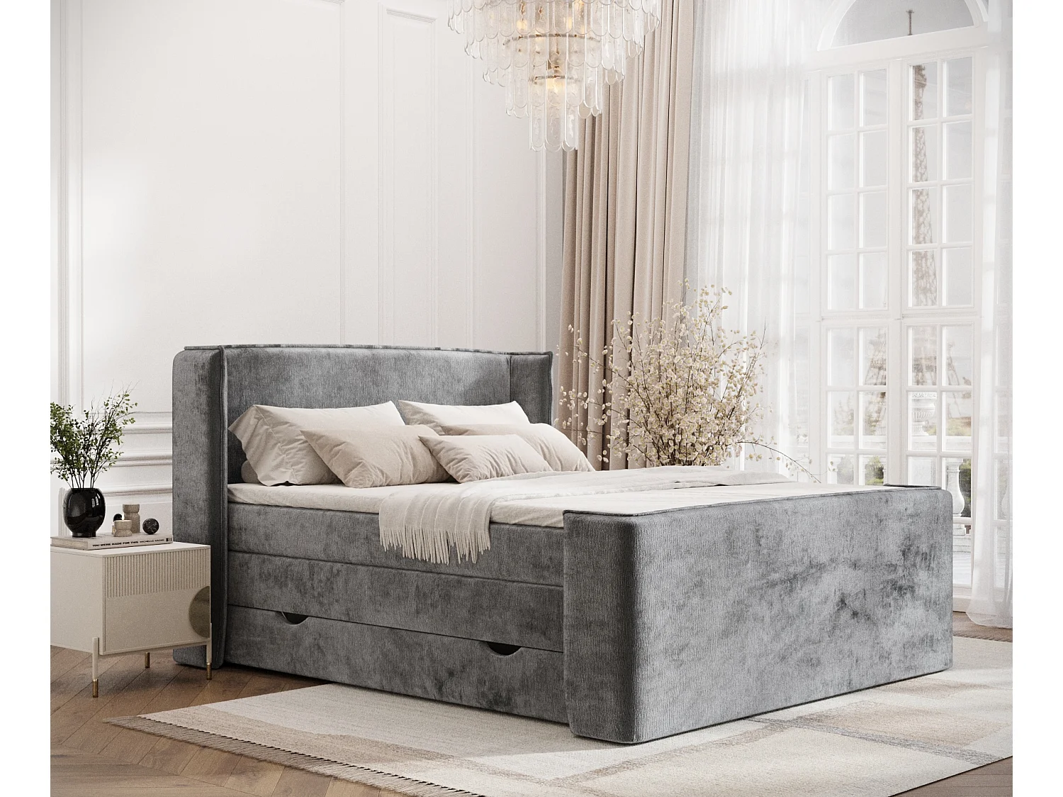 Łóżko boxspring w tkaninie szenilowej Freeland - materac - topper - 180x200 cm - szary 3981817 - obrazek 1