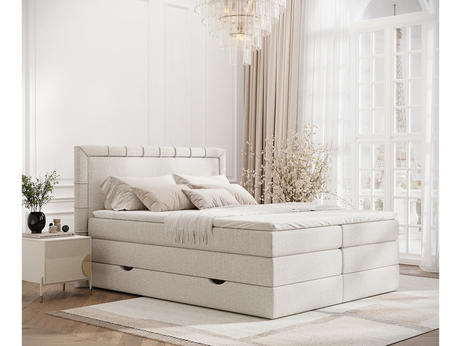 Łóżko boxspring w tkaninie plecionej Rosabel - materac - topper - 140x200 cm - beżowy 3981825 - obrazek 1