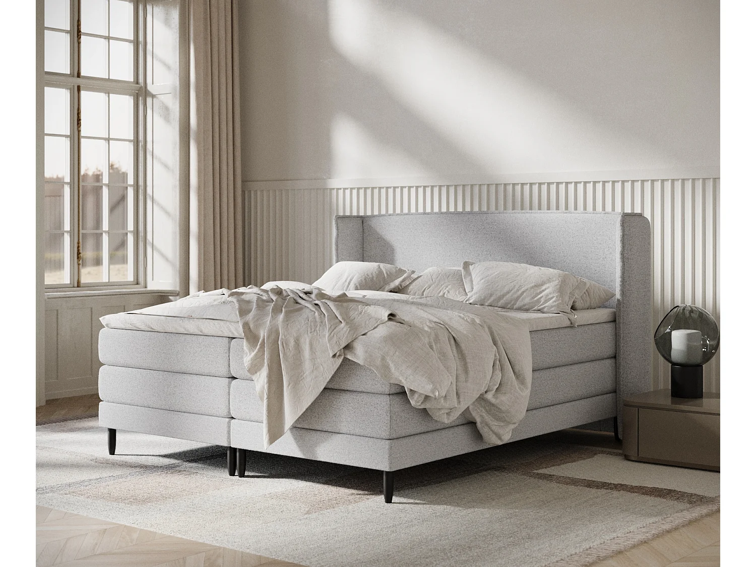 Łóżko boxspring w tkaninie plecionej Carizzo – materac – topper – 160×200 cm – jasnoszary 3981849