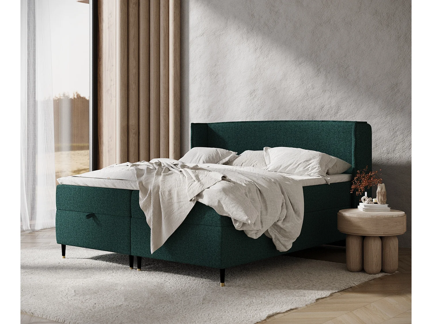Łóżko boxspring w tkaninie plecionej Monpelli - materac - topper - 200x200 cm - zielony 3981854 - obrazek 1