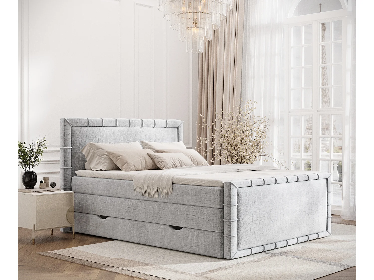 Łóżko boxspring w tkaninie szenilowej Estelle - materac - topper - 140x200 cm - jasnoszary 3981864 - obrazek 1