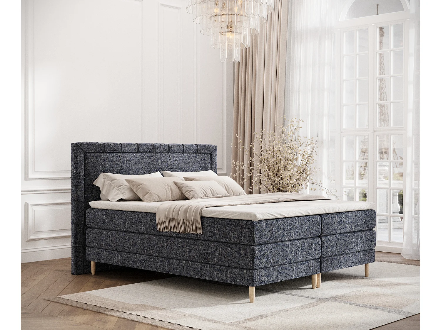 Łóżko boxspring w tkaninie plecionej Rimini - materac - topper - 200x200 cm - granatowy 3981867 - obrazek 1
