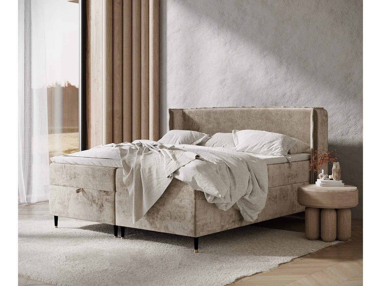 Łóżko boxspring w tkaninie szenilowej Monpelli – materac – topper – 160×200 cm – beżowy 3981873