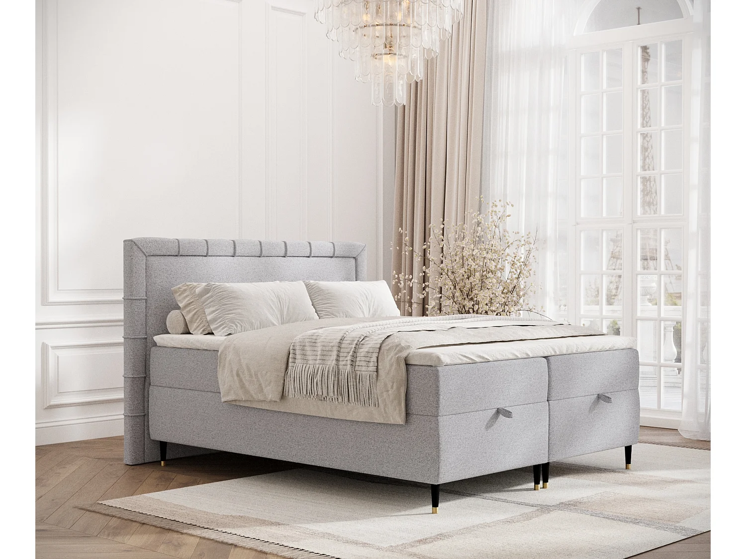 Łóżko boxspring w tkaninie plecionej Voyage - materac - topper - 140x200 cm - jasnoszary 3981881 - obrazek 1