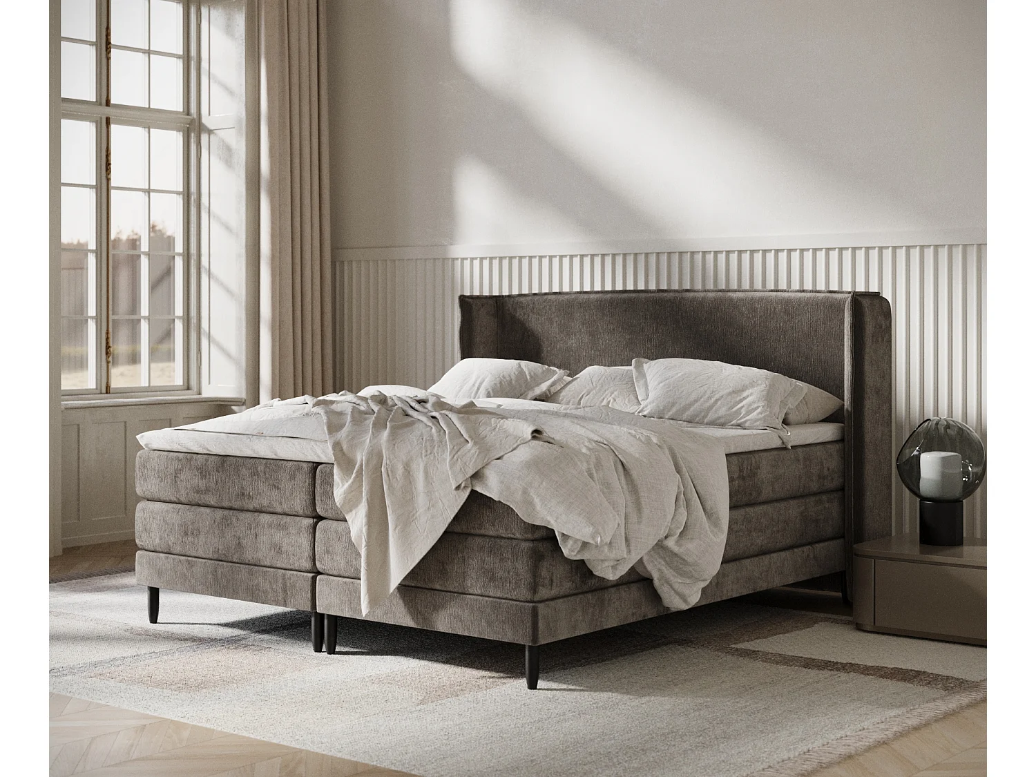 Łóżko boxspring w tkaninie szenilowej Carizzo - materac - topper - 180x200 cm - brązowy 3981878 - obrazek 1