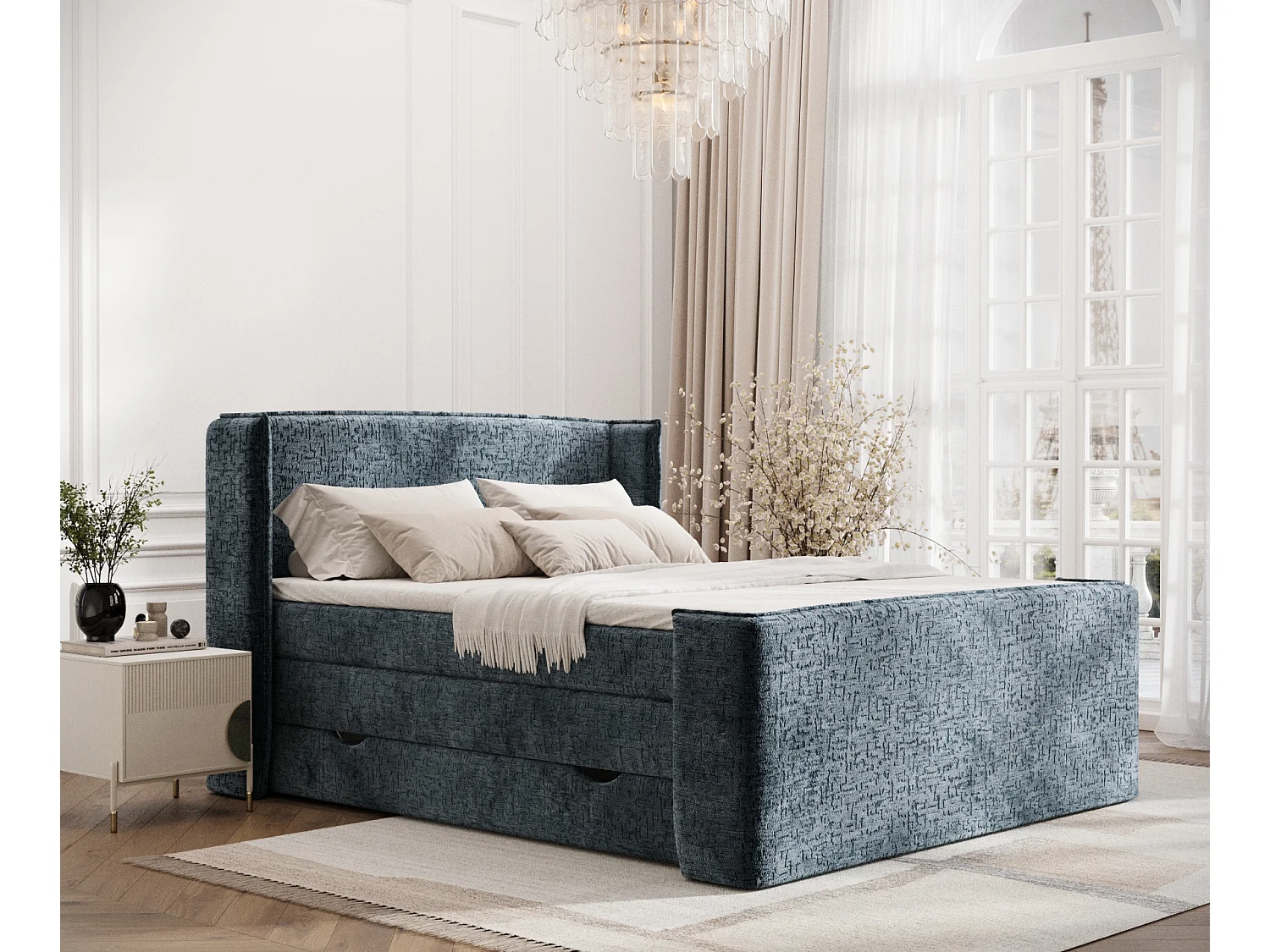 Łóżko boxspring w tkaninie szenilowej Freeland - materac - topper - 140x200 cm - niebieski 3981884 - obrazek 1