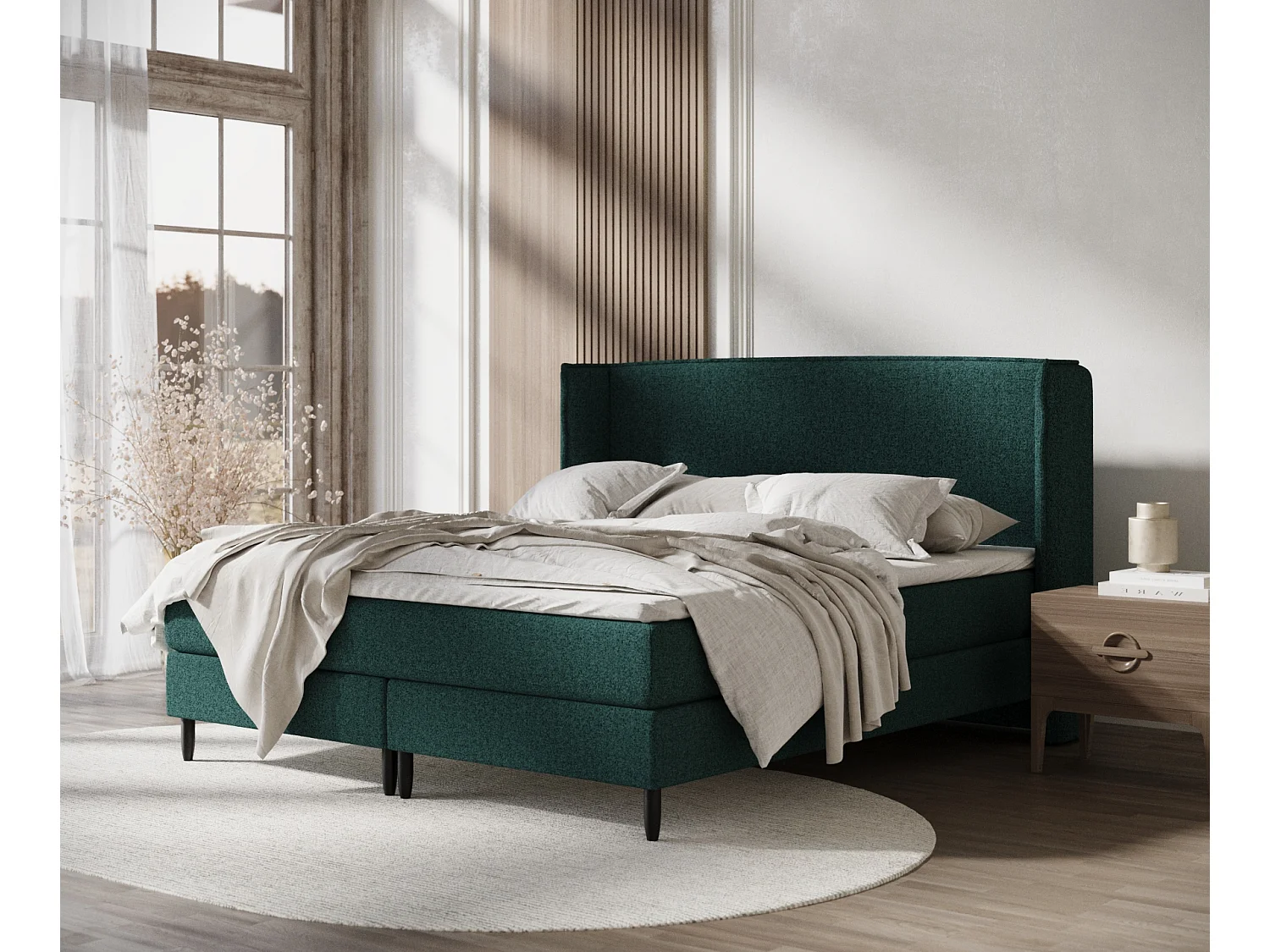 Łóżko boxspring w tkaninie plecionej Ardis – materac – topper – 200×200 cm – zielony 3981896