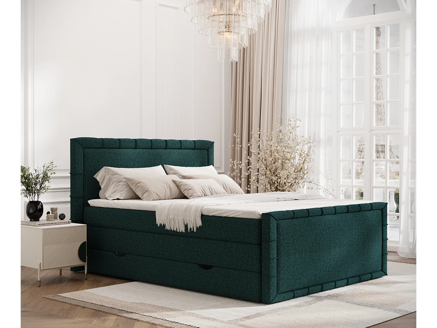 Łóżko boxspring w tkaninie plecionej Estelle - materac - topper - 200x200 cm - zielony 3981902 - obrazek 1