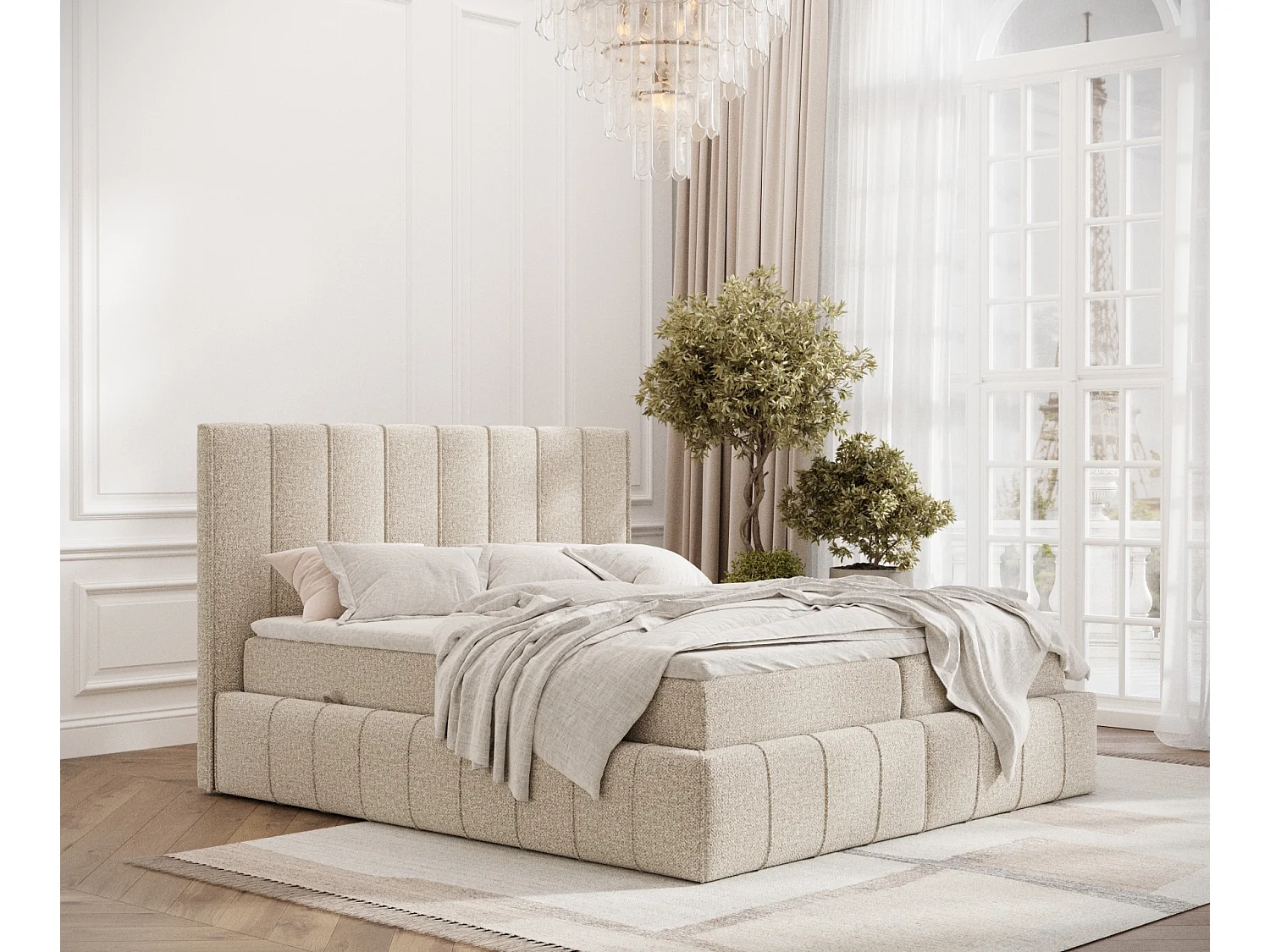 Łóżko boxspring w tkaninie boucle Moretti – materac – topper – 160×200 cm – beżowy 3981903