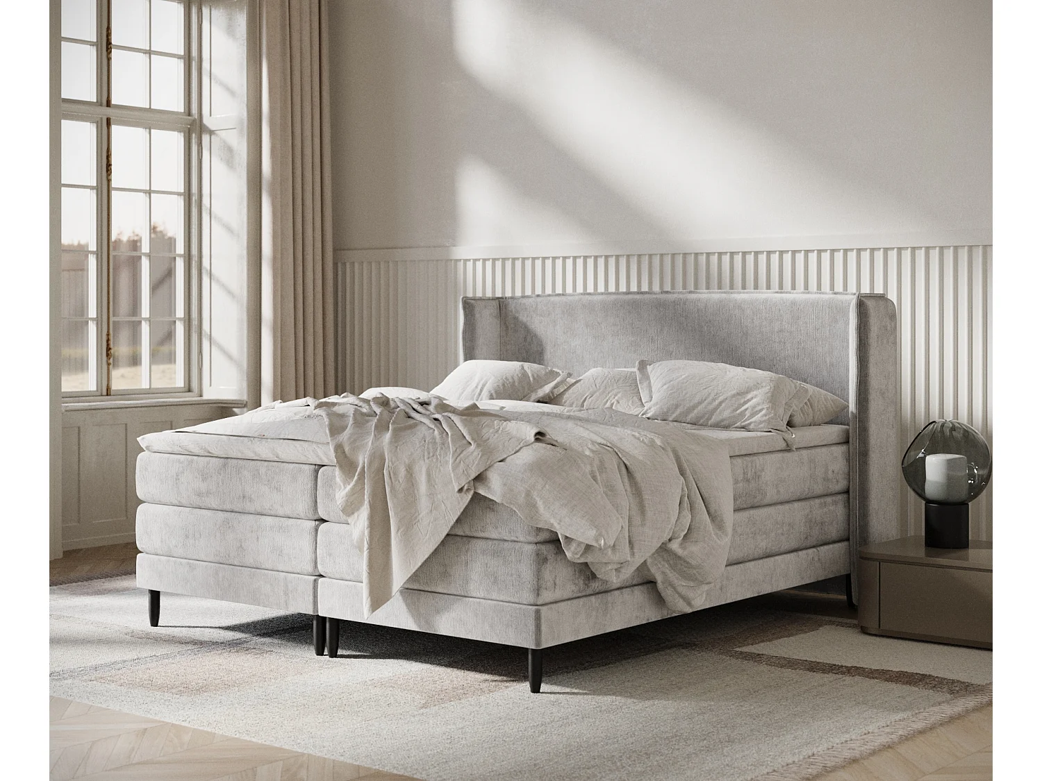 Łóżko boxspring w tkaninie szenilowej Carizzo - materac - topper - 180x200 cm - jasnoszary 3981909 - obrazek 1
