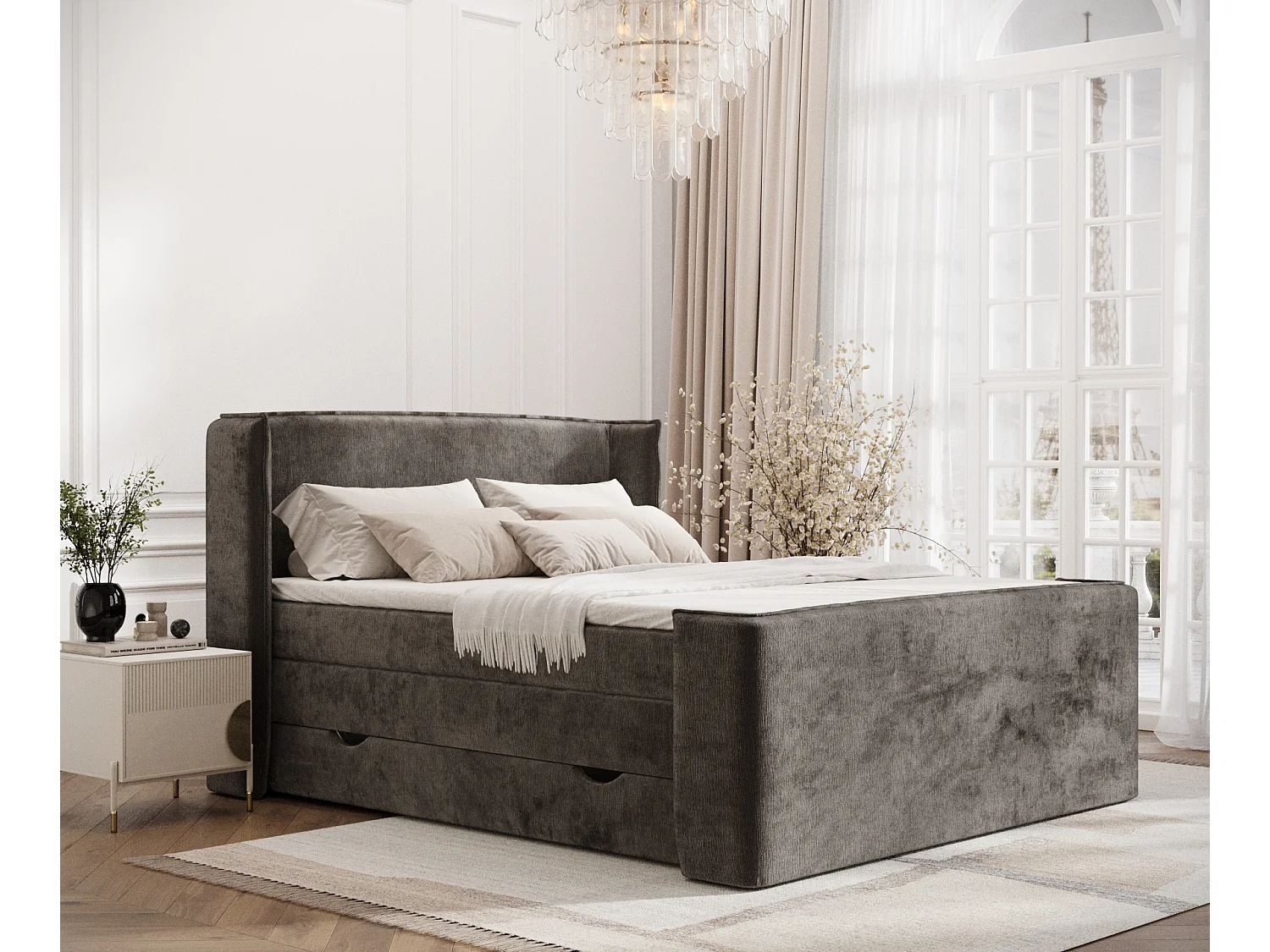 Łóżko boxspring w tkaninie szenilowej Freeland - materac - topper - 160x200 cm - brązowy 3981910 - obrazek 1