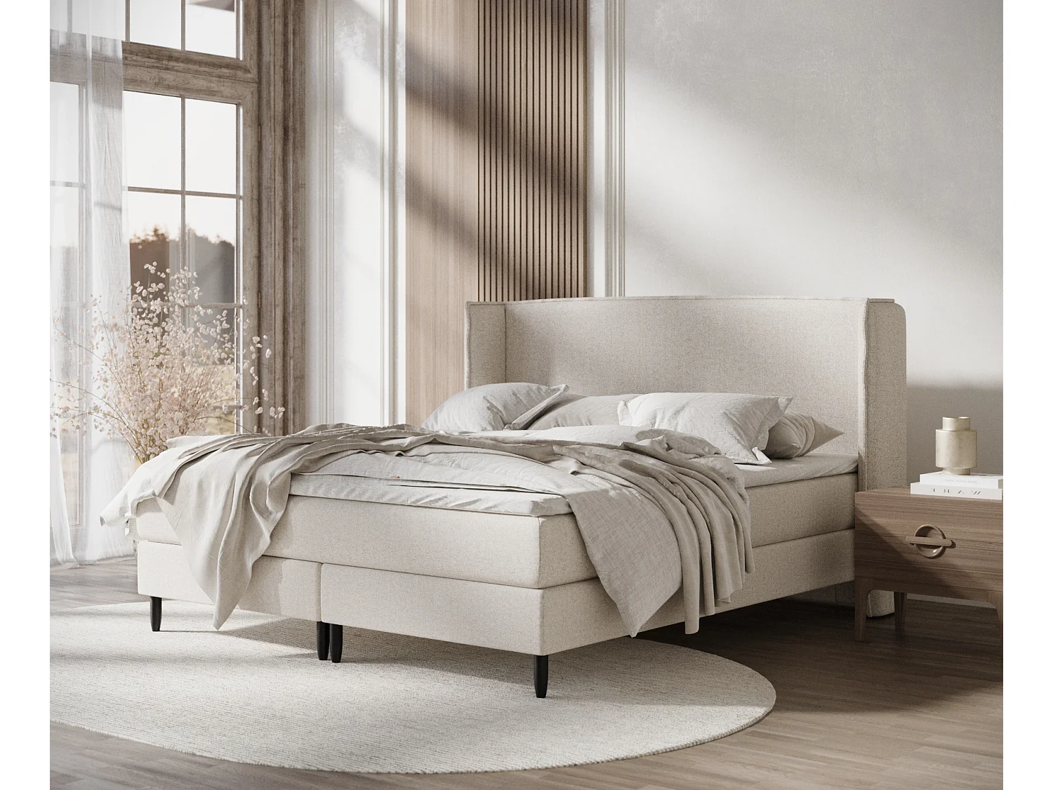 Łóżko boxspring w tkaninie plecionej Ardis – materac – topper – 180×200 cm – beżowy 3981914
