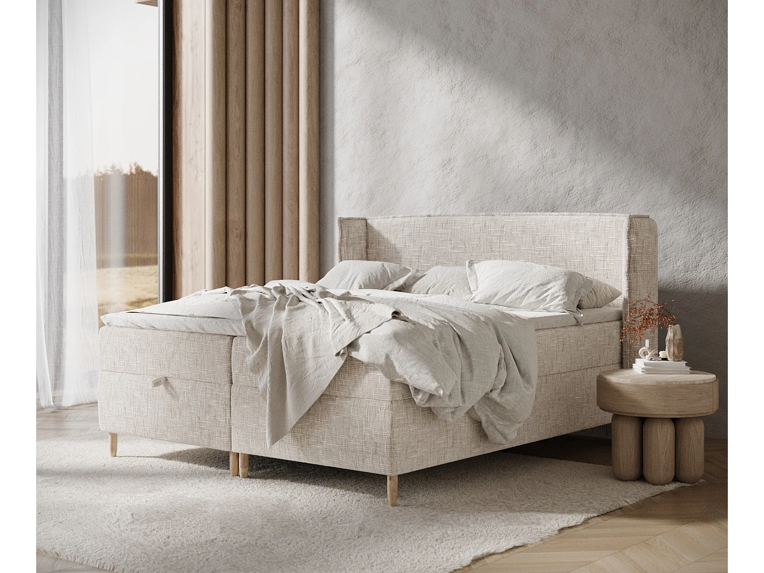 Łóżko boxspring w tkaninie plecionej Monpelli - materac - topper - 160x200 cm - kremowy 3981919 - obrazek 1