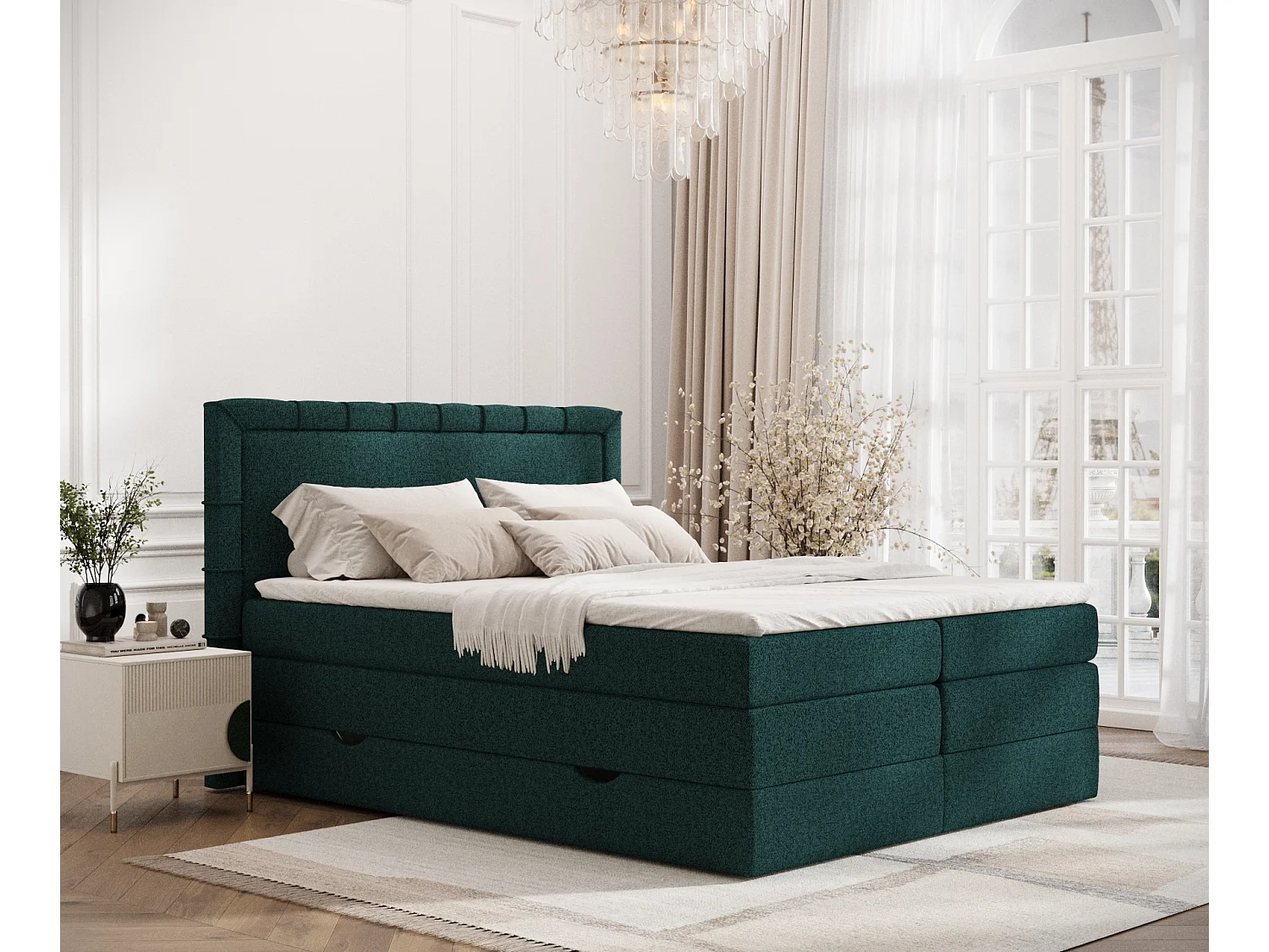 Łóżko boxspring w tkaninie plecionej Rosabel - materac - topper - 140x200 cm - zielony 3981913 - obrazek 1