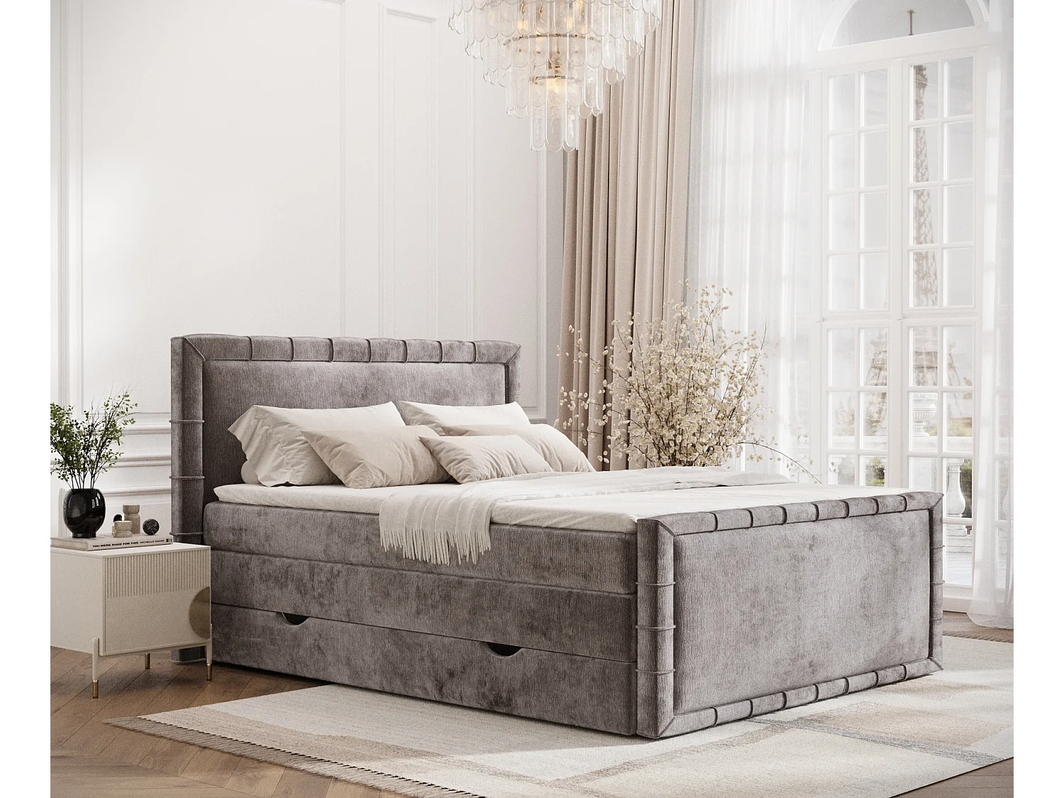 Łóżko boxspring w tkaninie szenilowej Estelle - materac - topper - 180x200 cm - beżowy 3981923 - obrazek 1