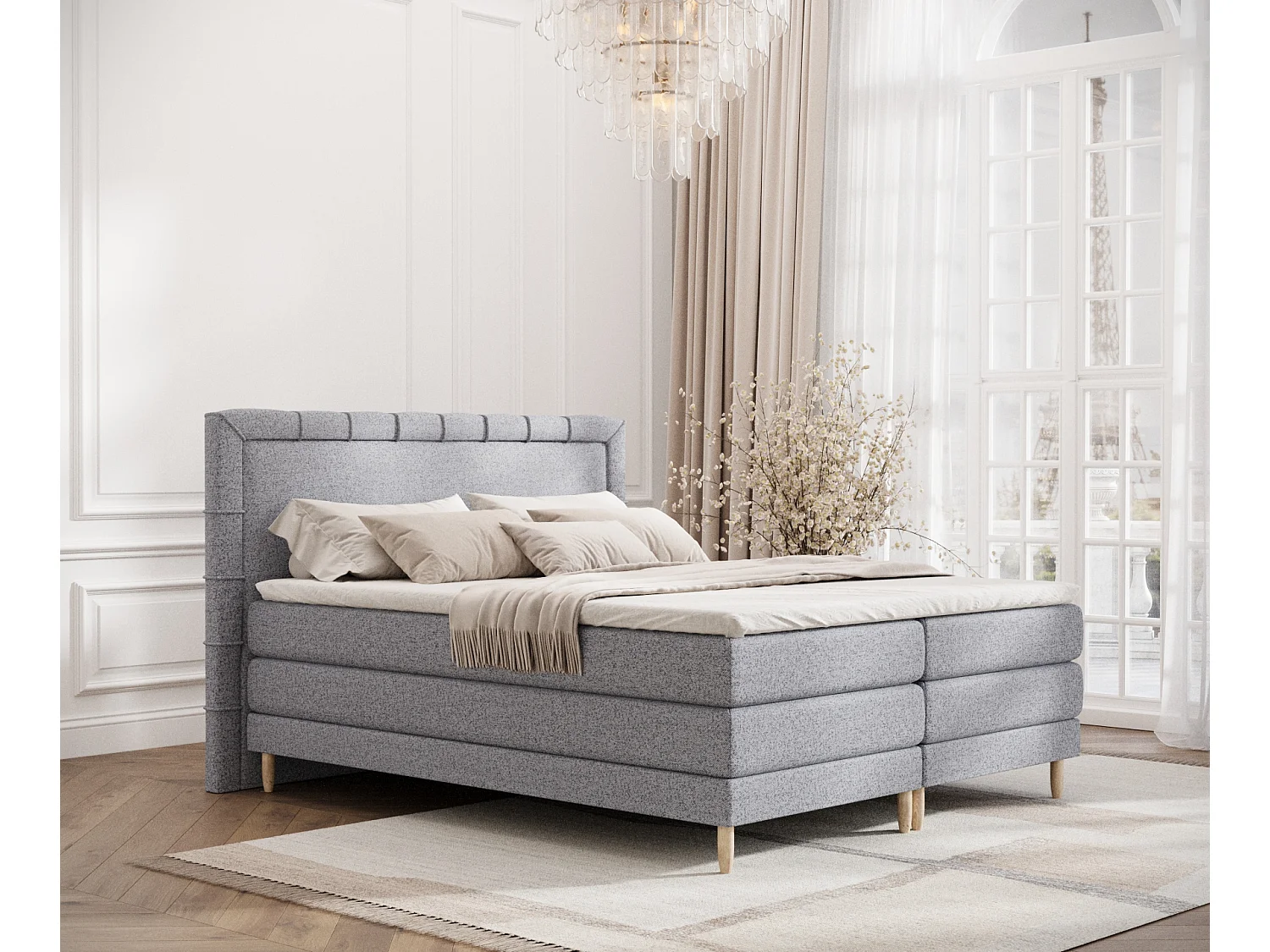 Łóżko boxspring w tkaninie plecionej Rimini - materac - topper - 140x200 cm - szary 3981925 - obrazek 1