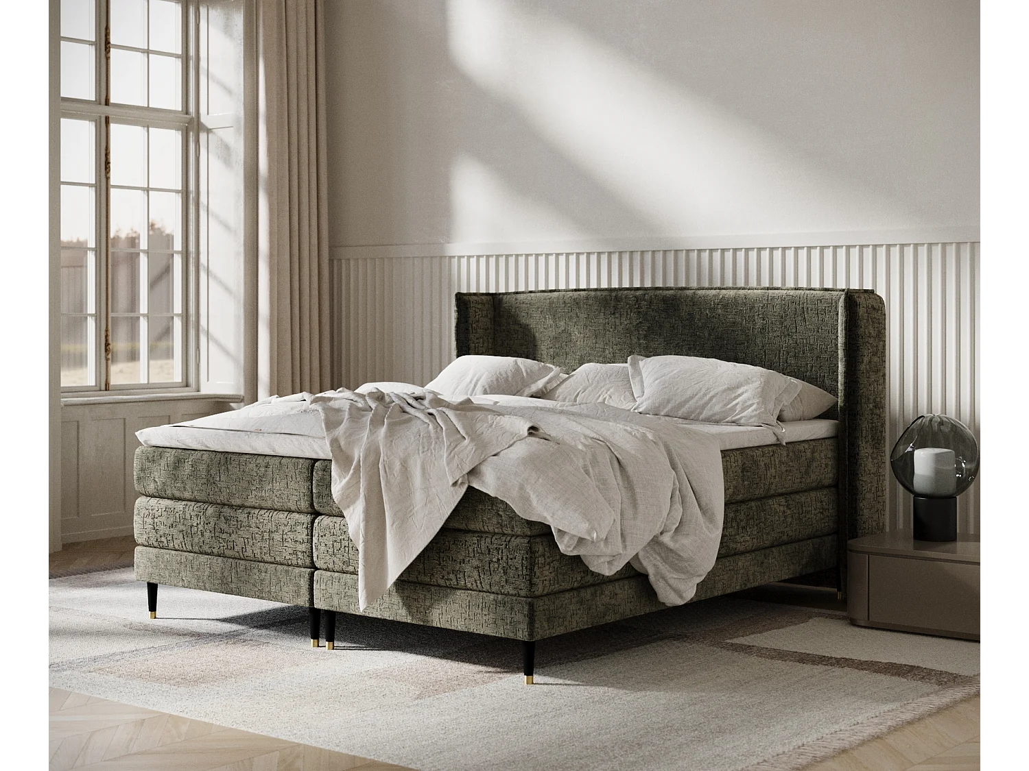 Łóżko boxspring w tkaninie szenilowej Carizzo - materac - topper - 180x200 cm - oliwkowy 3981944 - obrazek 1
