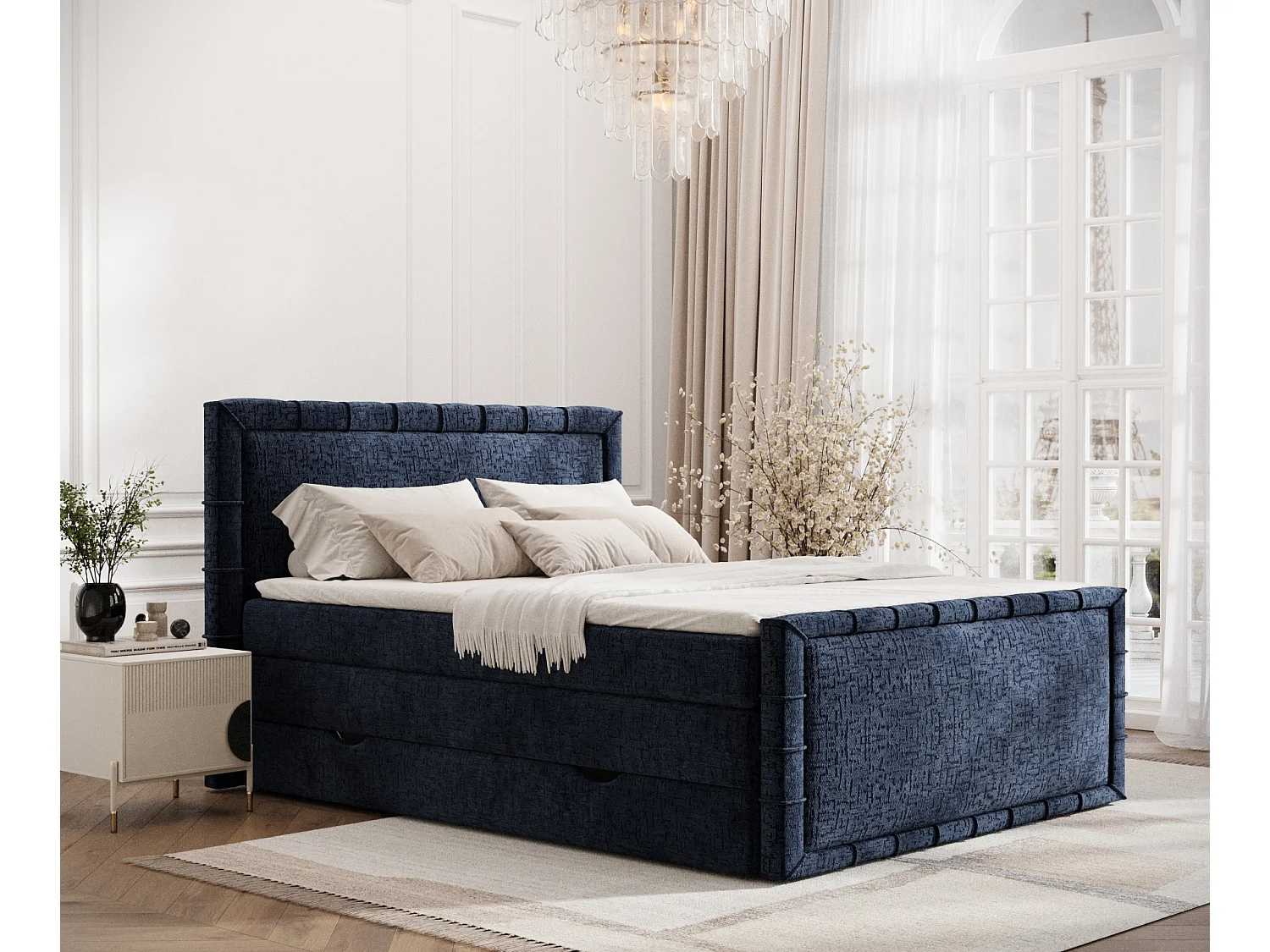 Łóżko boxspring w tkaninie szenilowej Estelle - materac - topper - 200x200 cm - granatowy 3981954 - obrazek 1