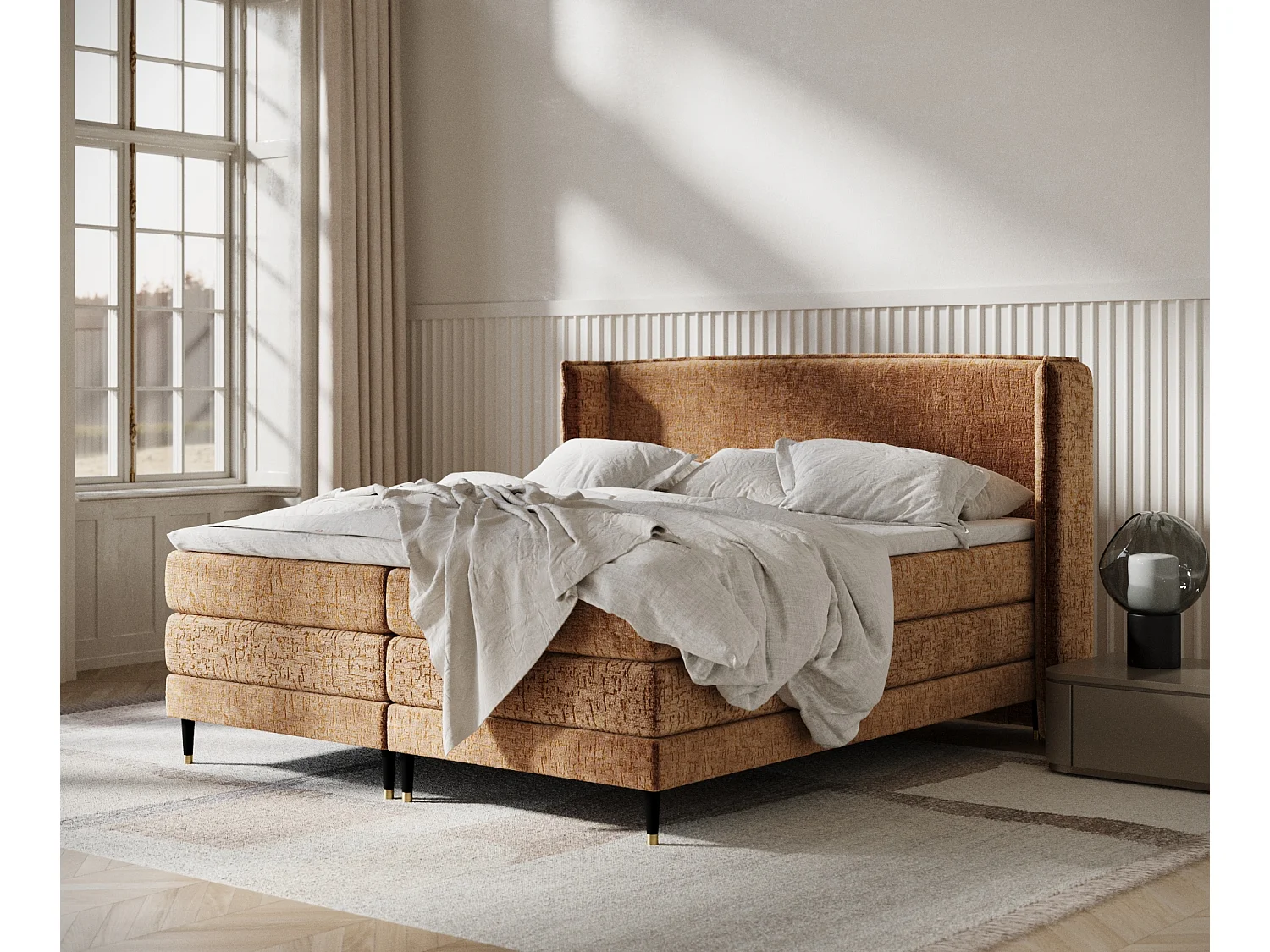 Łóżko boxspring w tkaninie szenilowej Carizzo - materac - topper - 160x200 cm - miedziany 3981960 - obrazek 1