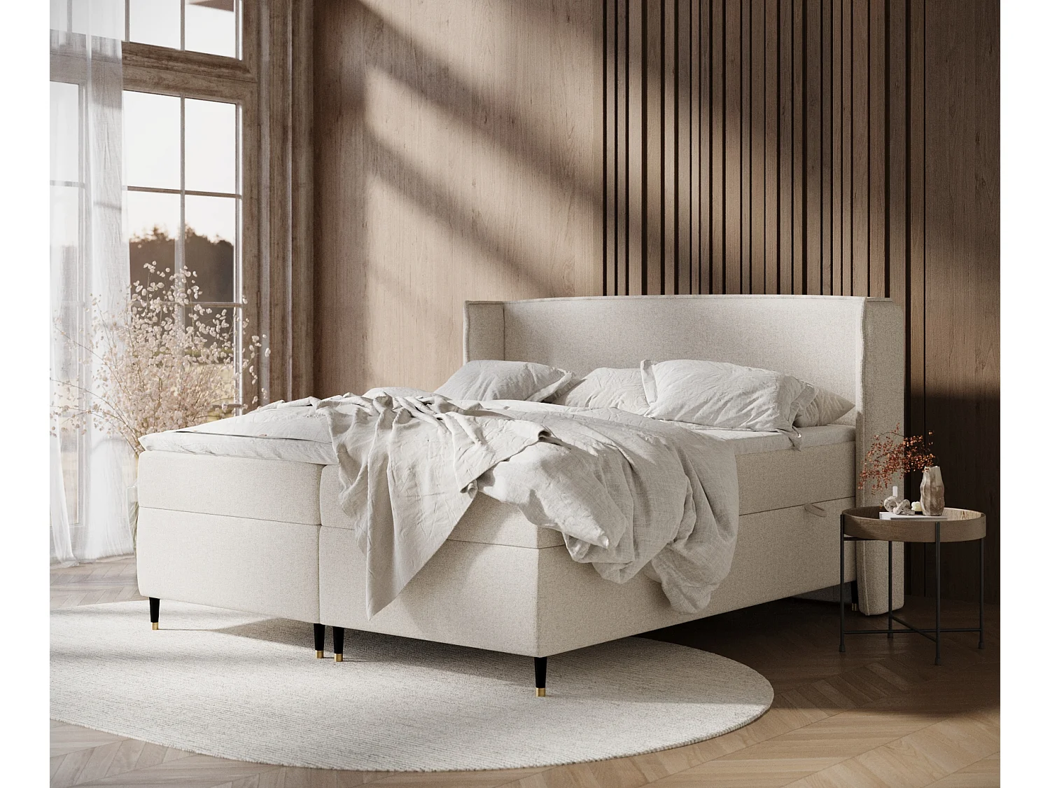 Łóżko boxspring w tkaninie plecionej Segni - materac - topper - 140x200 cm - beżowy 3981968 - obrazek 1