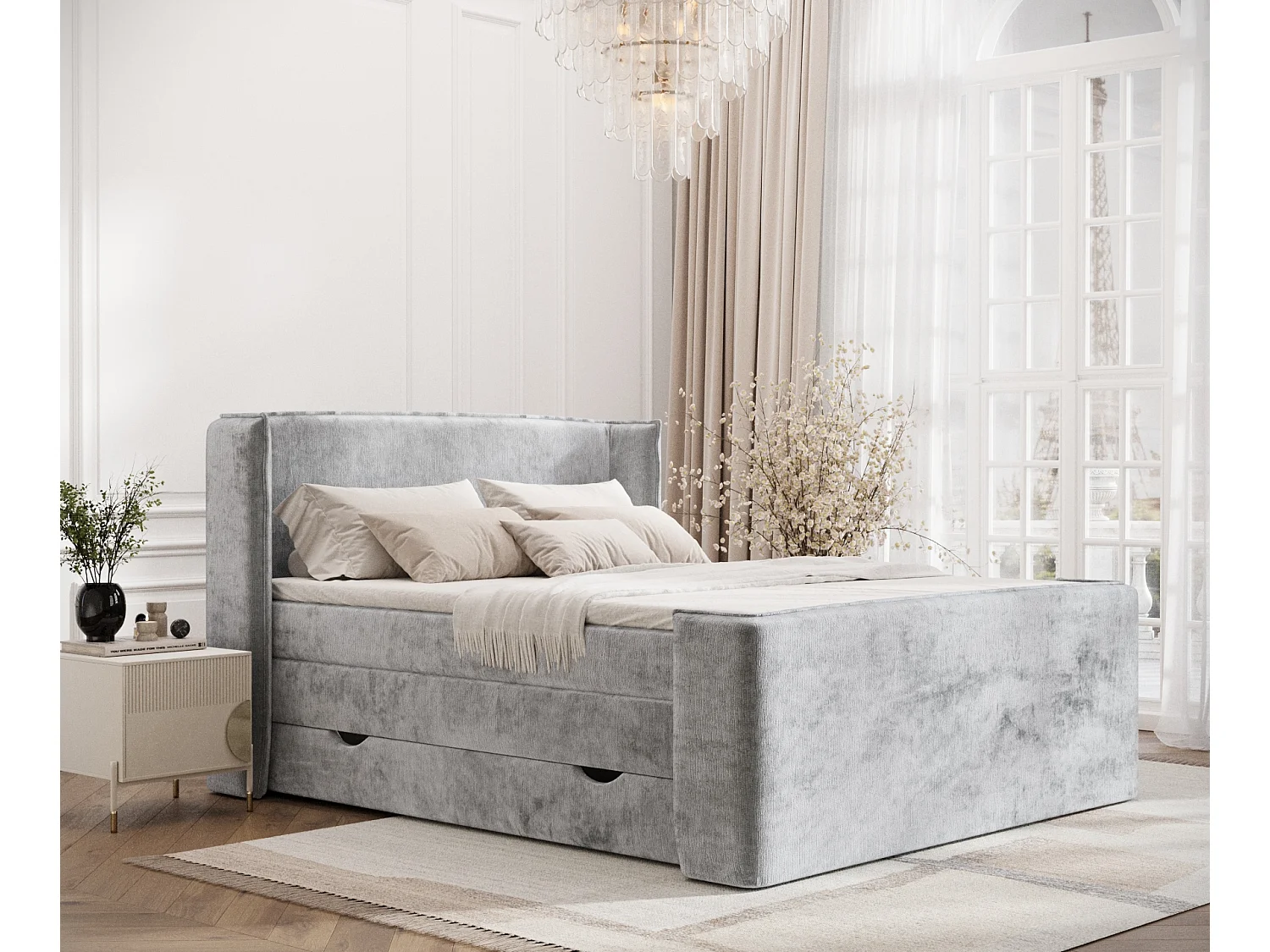 Łóżko boxspring w tkaninie szenilowej Freeland - materac - topper - 180x200 cm - jasnoszary 3981981 - obrazek 1