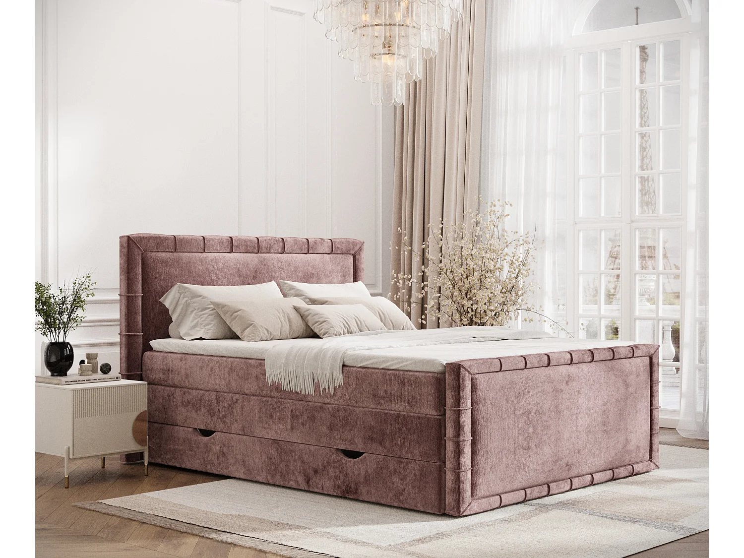 Łóżko boxspring w tkaninie szenilowej Estelle - materac - topper - 200x200 cm - różowy 3981984 - obrazek 1