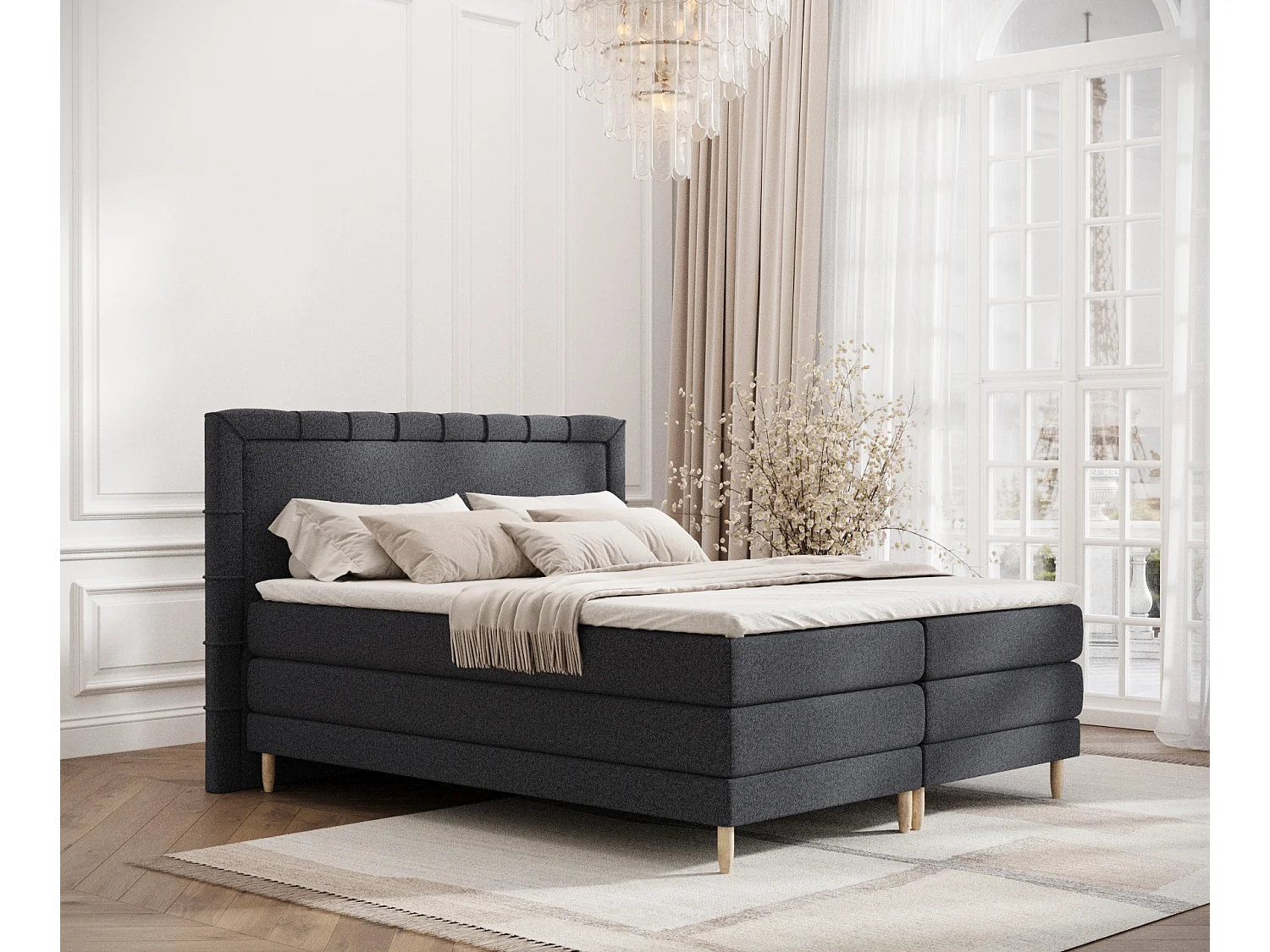 Łóżko boxspring w tkaninie plecionej Rimini - materac - topper - 140x200 cm - czarny 3981990 - obrazek 1