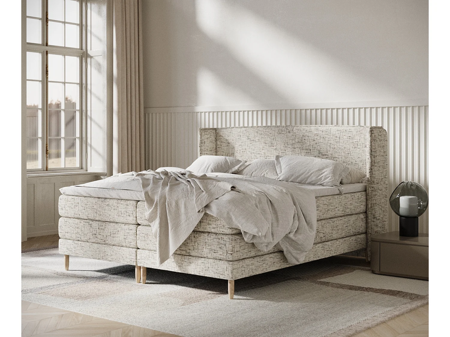 Łóżko boxspring w tkaninie plecionej Carizzo – materac – topper – 200×200 cm – beżowy melanż 3981992