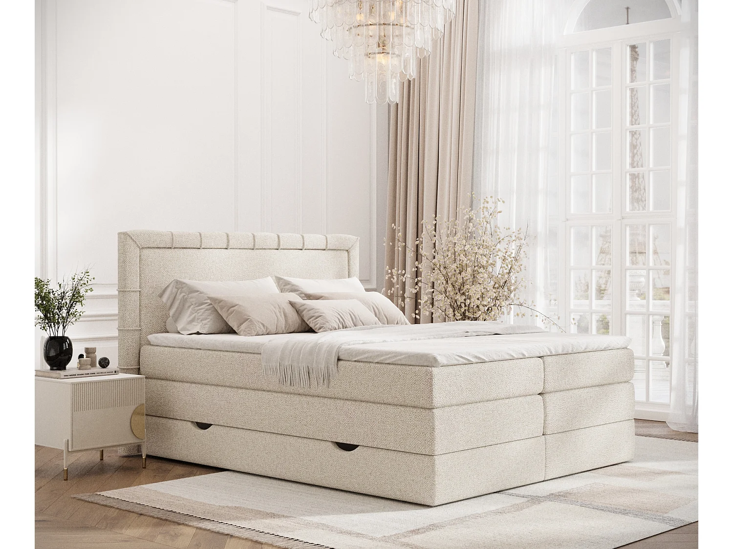 Łóżko boxspring w tkaninie boucle Rosabel – matelas – surmatelas – 140×200 cm – kremowy 3981998