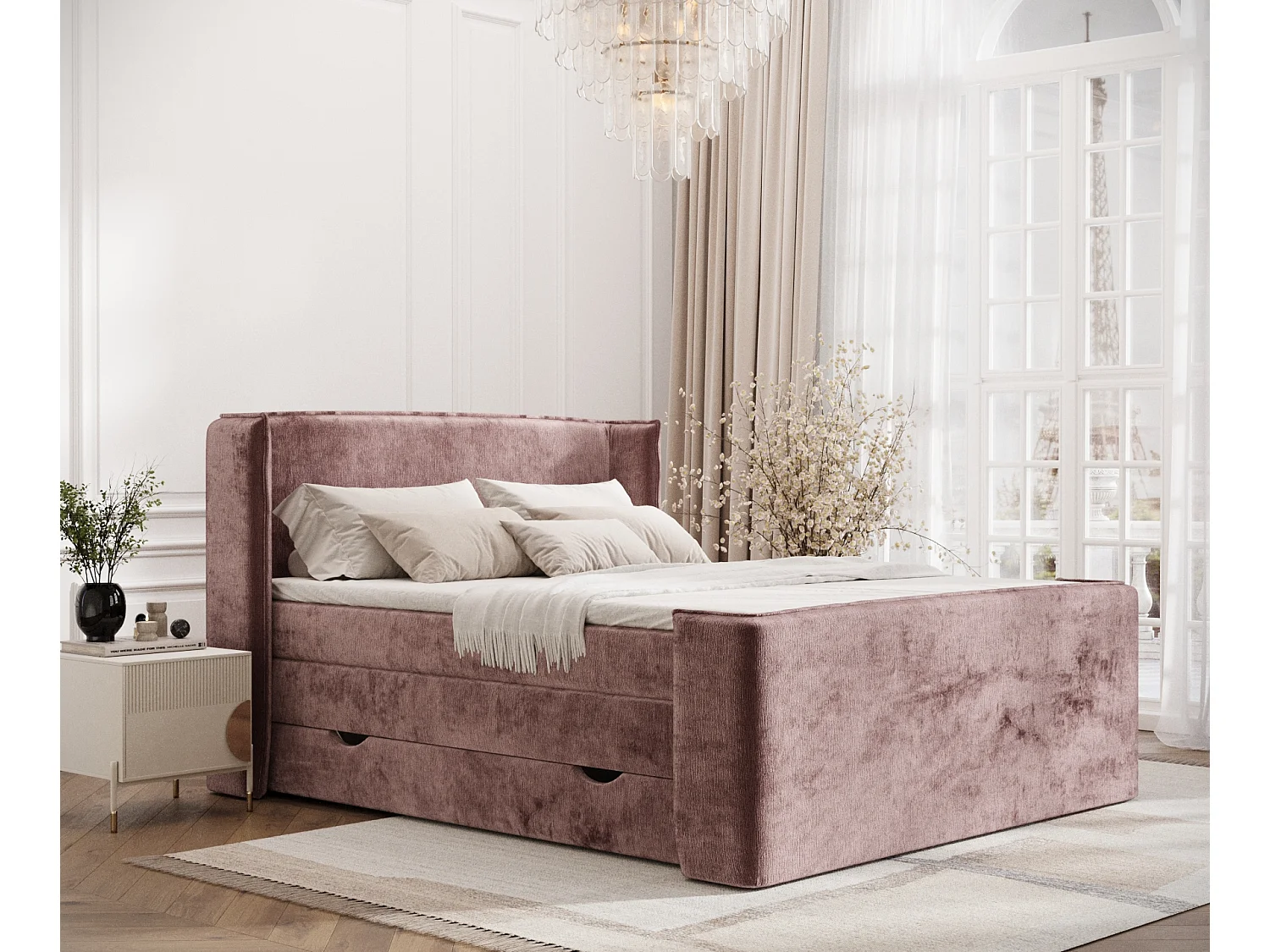 Łóżko boxspring w tkaninie szenilowej Freeland - materac - topper - 140x200 cm - różowy 3982012 - obrazek 1