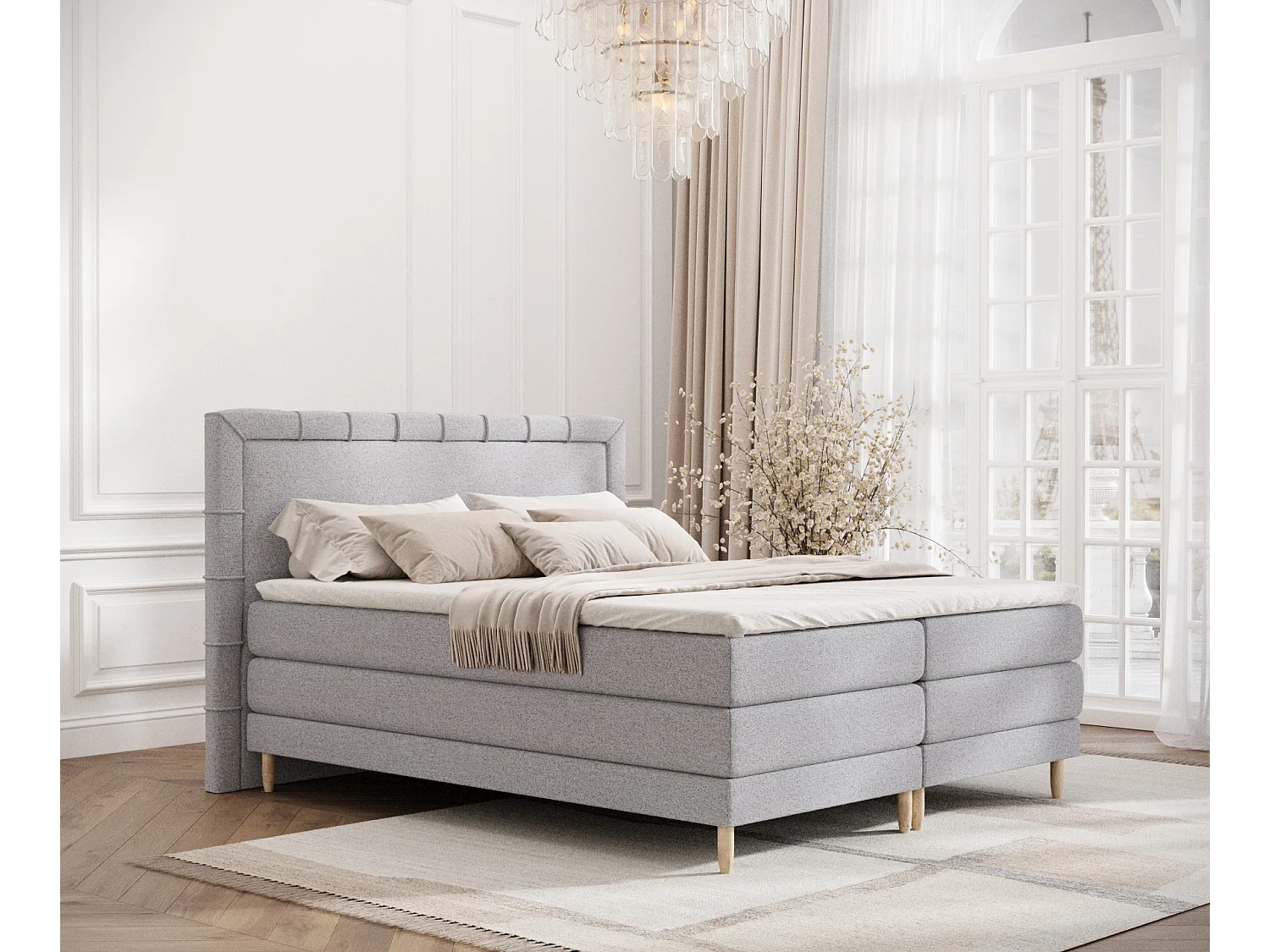 Łóżko boxspring w tkaninie plecionej Rimini - materac - topper - 200x200 cm - jasnoszary 3982019 - obrazek 1