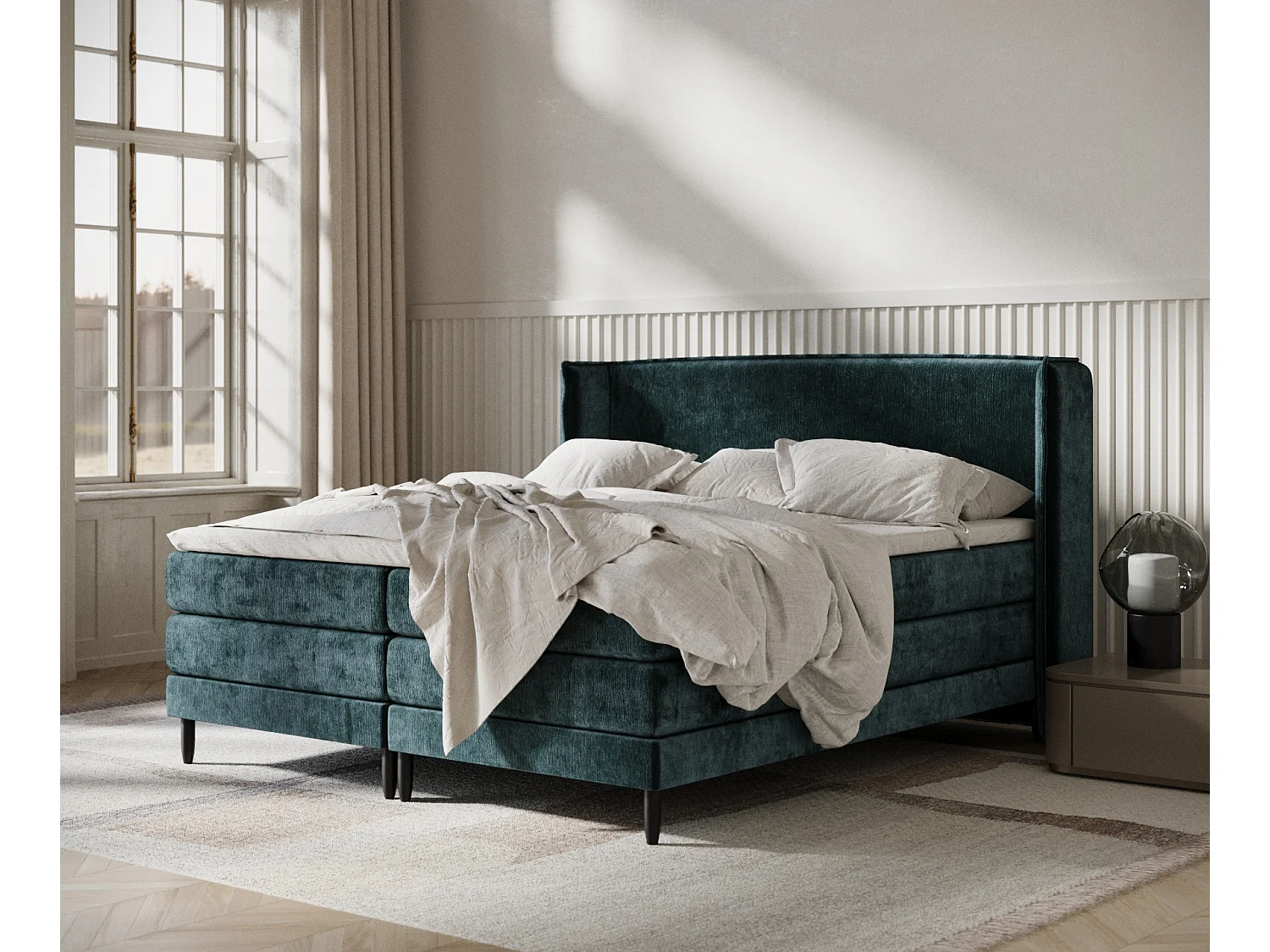 Łóżko boxspring w tkaninie szenilowej Carizzo - materac - topper - 180x200 cm - teal 3982023 - obrazek 1