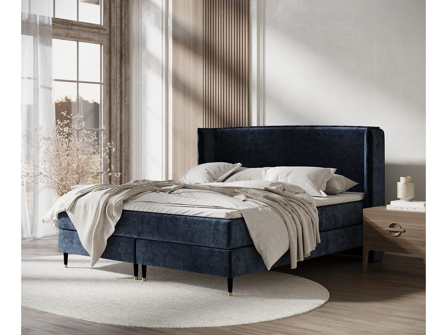 Łóżko boxspring w tkaninie szenilowej Ardis - materac - topper - 180x200 cm - granatowy 3982032 - obrazek 1