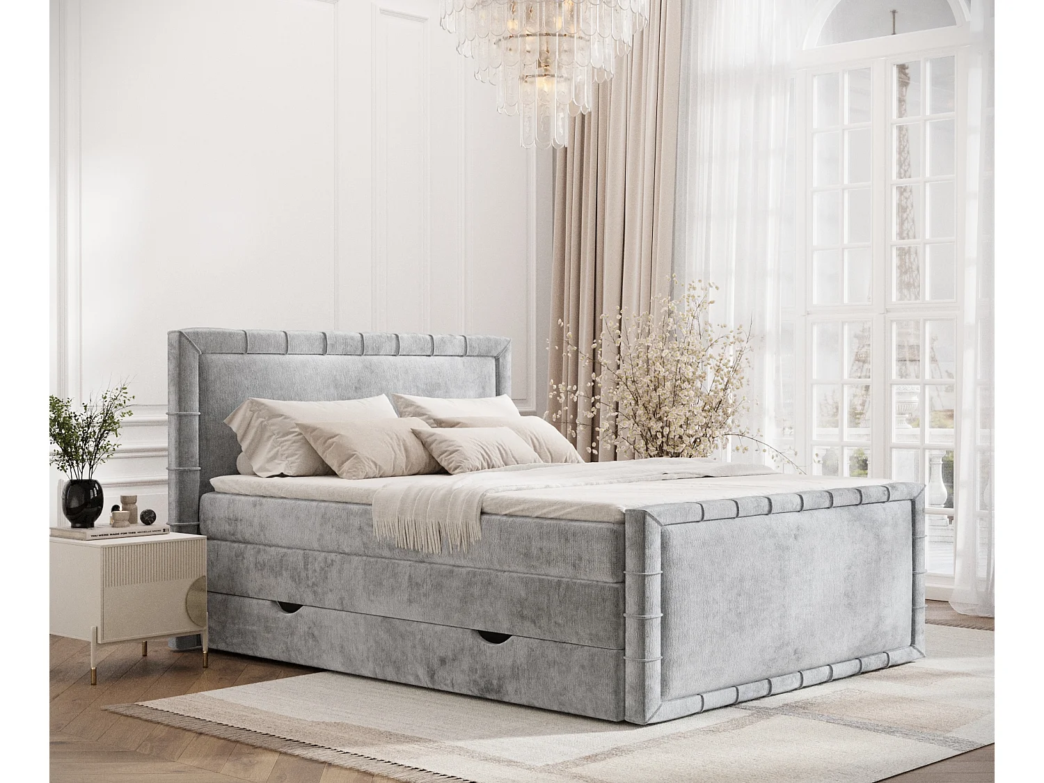 Łóżko boxspring w tkaninie szenilowej Estelle - materac - topper - 160x200 cm - jasnoszary 3982044 - obrazek 1