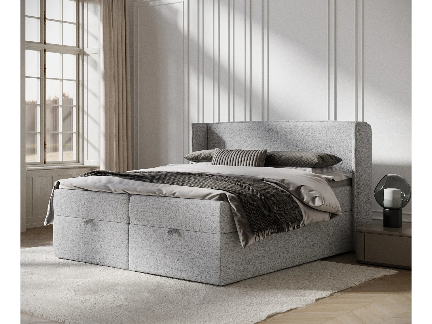 Łóżko boxspring w tkaninie plecionej Passion - materac - topper - 180x200 cm - szary 3982064 - obrazek 1