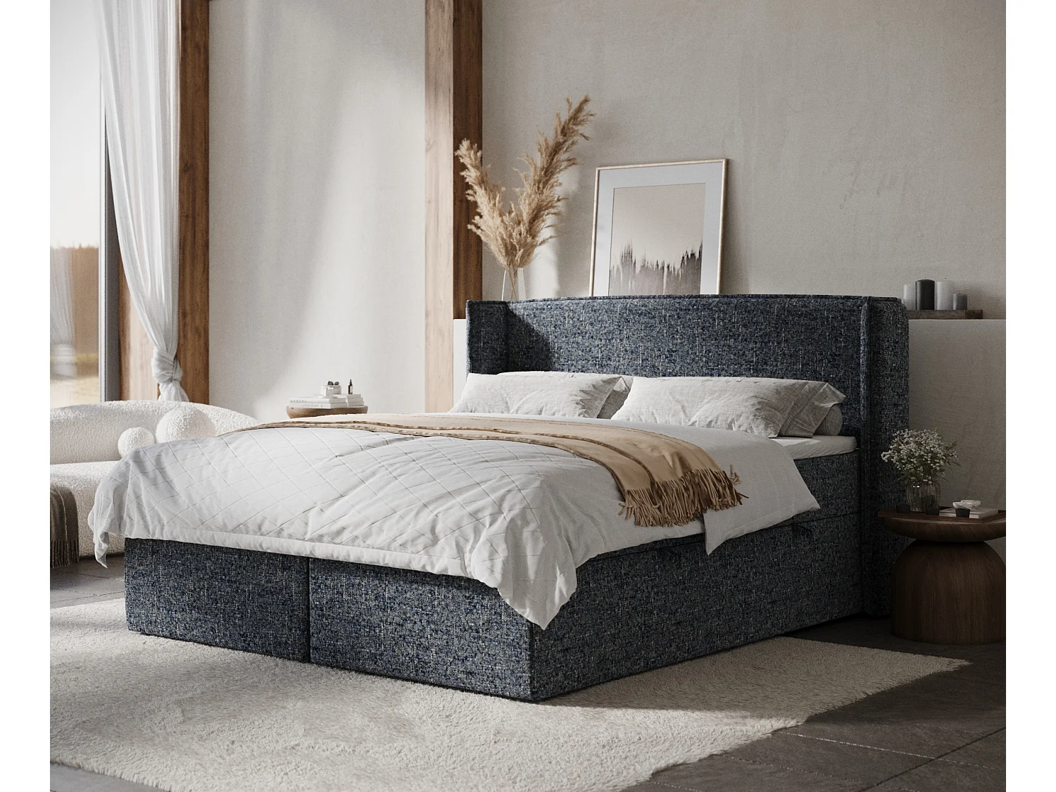 Łóżko boxspring w tkaninie plecionej Skyline - materac - topper - 200x200 cm - granatowy 3982065 - obrazek 1