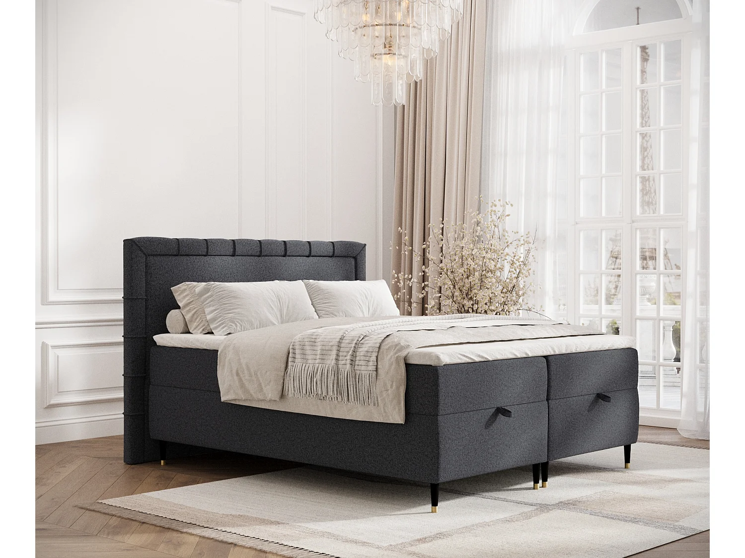 Łóżko boxspring w tkaninie plecionej Voyage - materac - topper - 180x200 cm - czarny 3982075 - obrazek 1