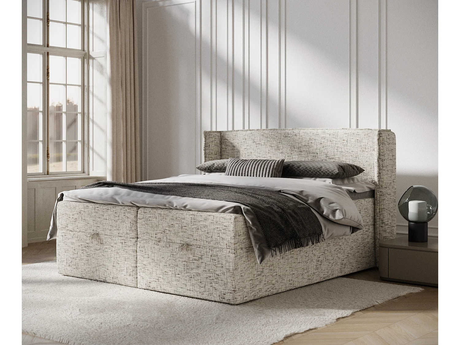 Łóżko boxspring w tkaninie plecionej Passion - materac - topper - 160x200 cm - beżowy melanż 3982076 - obrazek 1