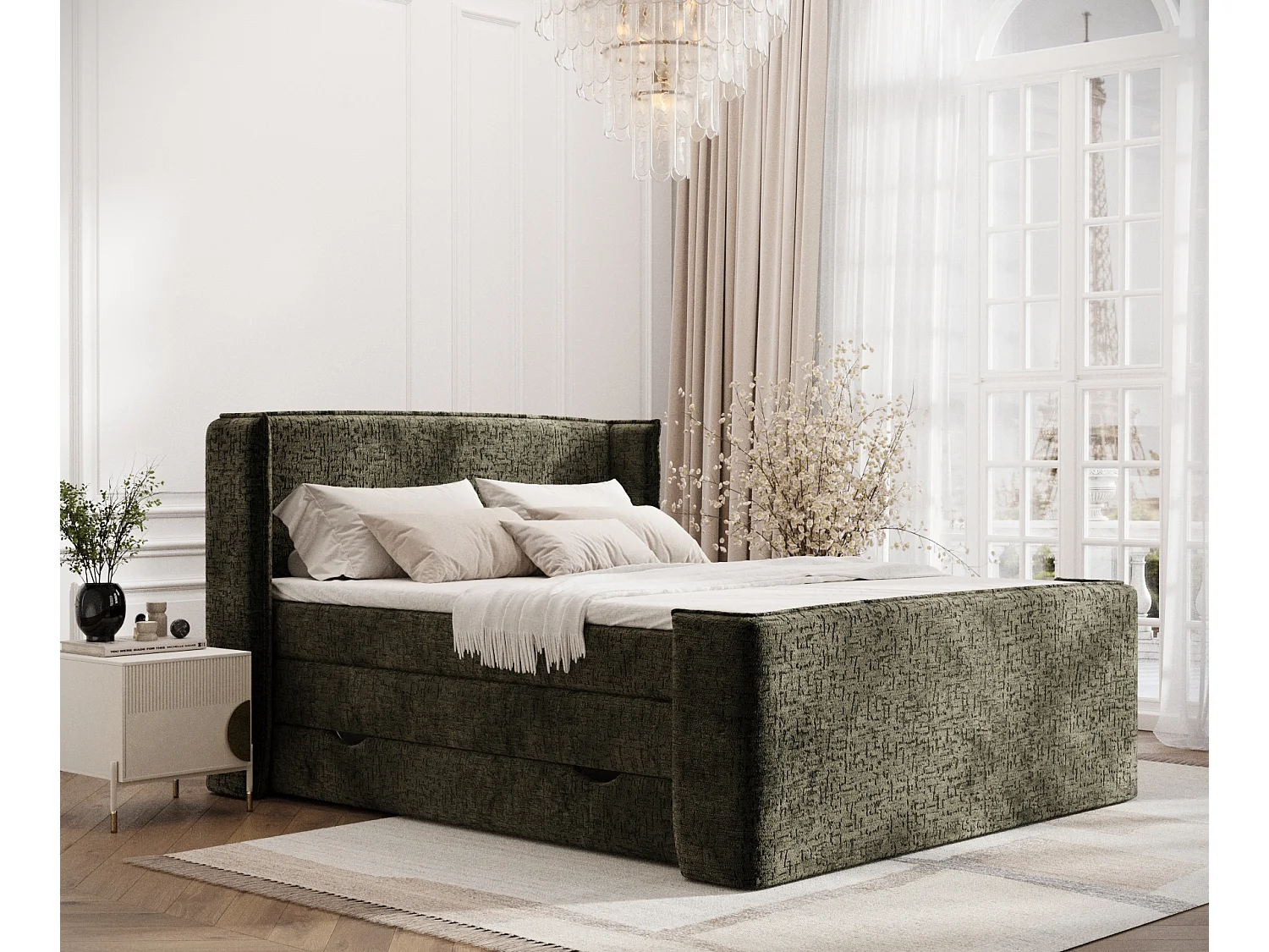 Łóżko boxspring w tkaninie szenilowej Freeland - materac - topper - 160x200 cm - oliwkowy 3982086 - obrazek 1