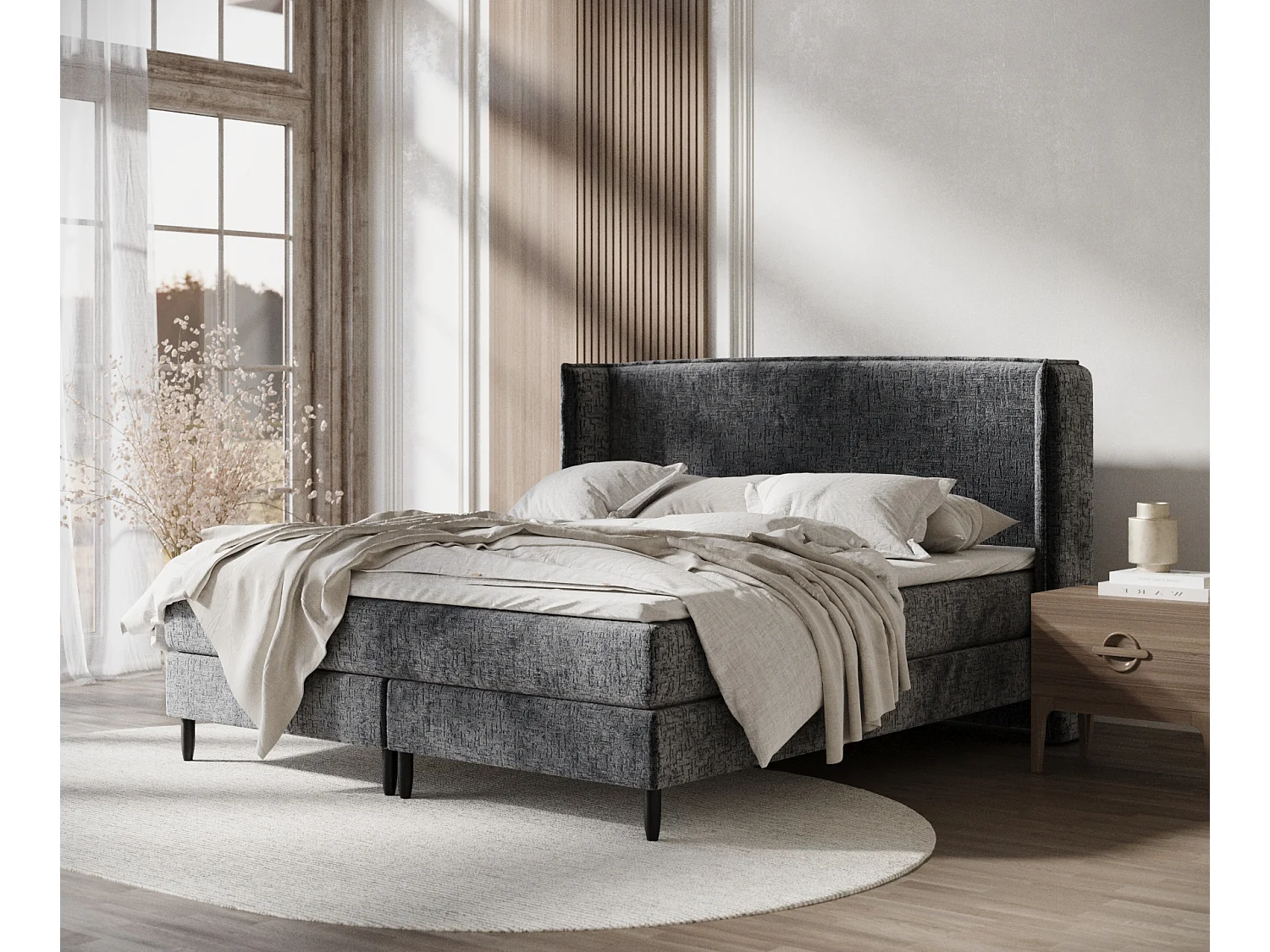 Łóżko boxspring w tkaninie szenilowej Ardis - materac - topper - 200x200 cm - antracytowy 3982093 - obrazek 1
