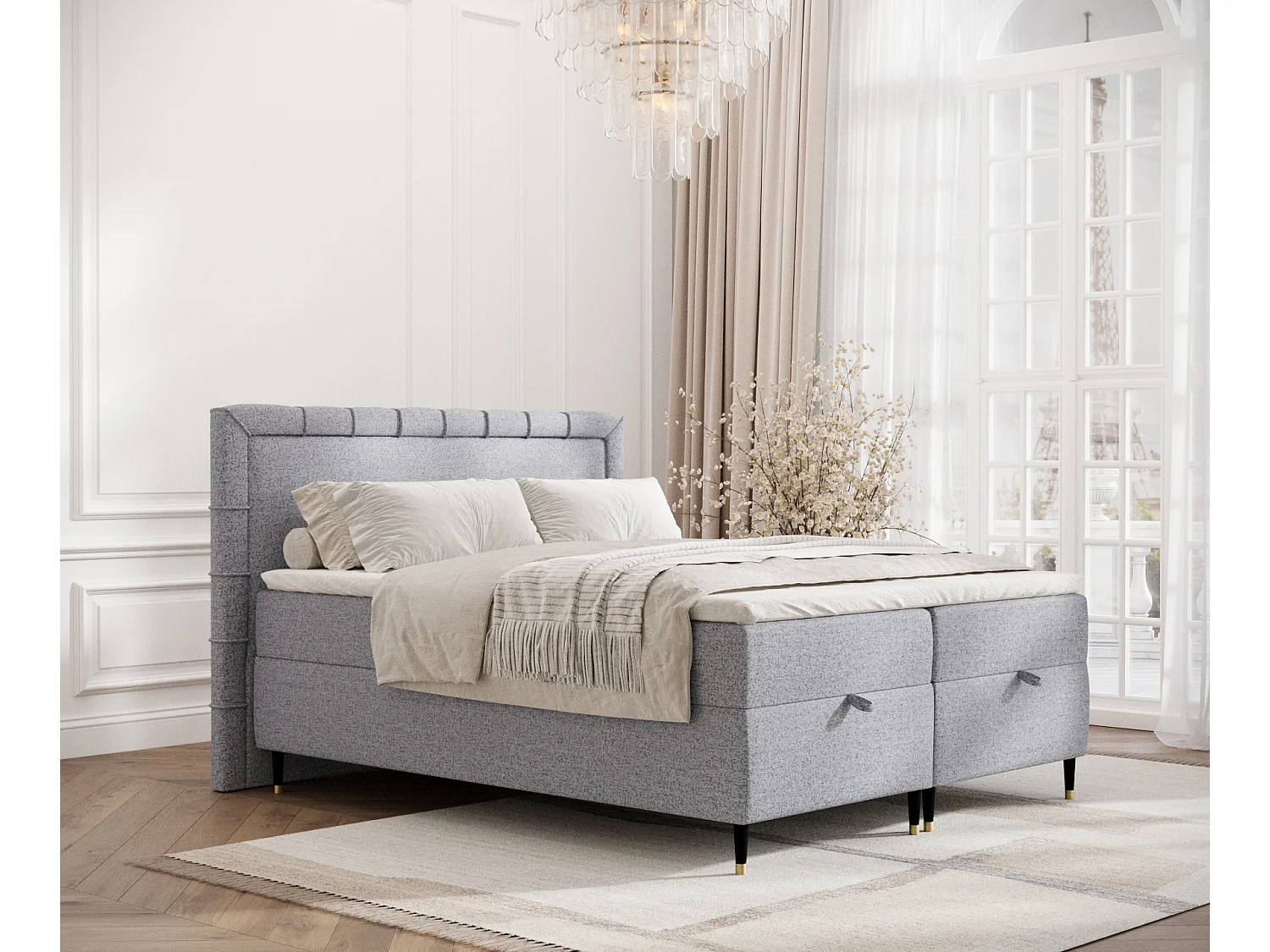 Łóżko boxspring w tkaninie plecionej Voyage - materac - topper - 200x200 cm - szary 3982104 - obrazek 1