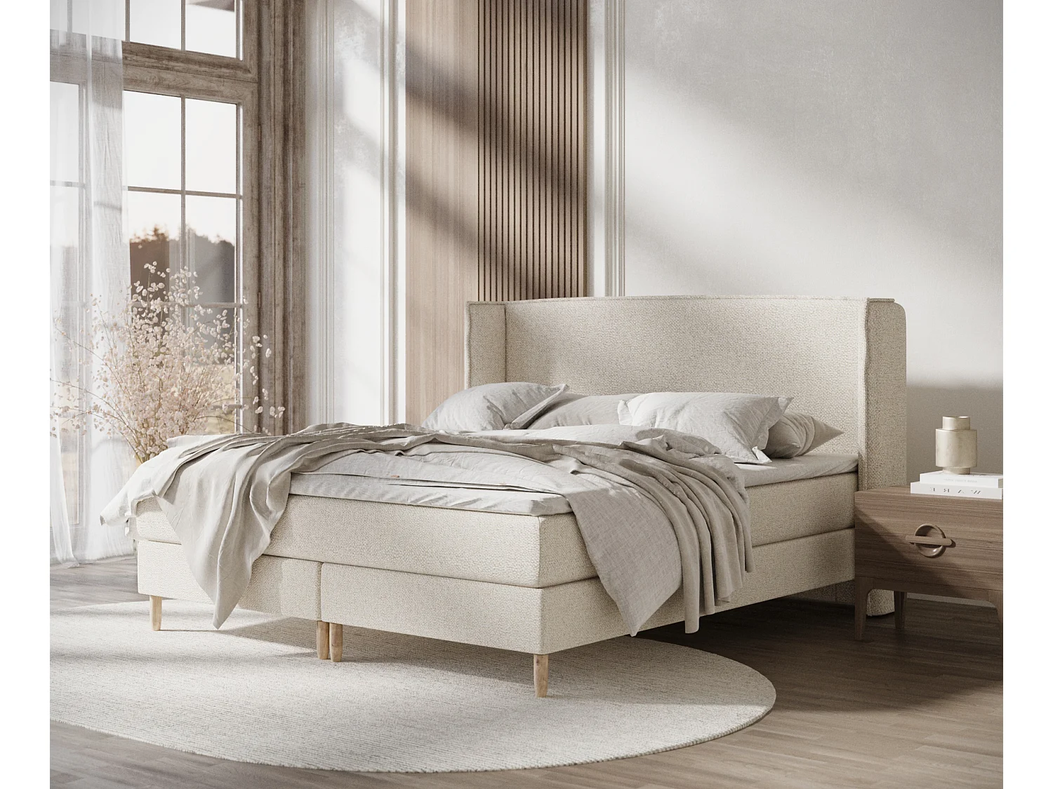 Łóżko boxspring w tkaninie boucle Ardis – materac – topper – 140×200 cm – kremowy 3982569