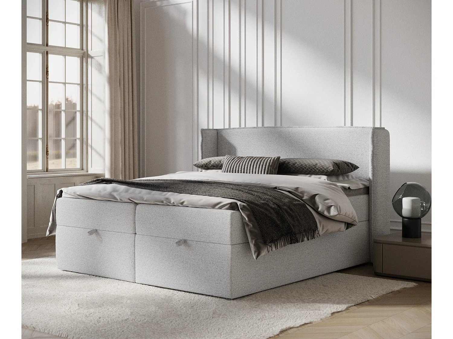 Łóżko boxspring w tkaninie plecionej Passion - materac - topper - 160x200 cm - jasnoszary 3982575 - obrazek 1