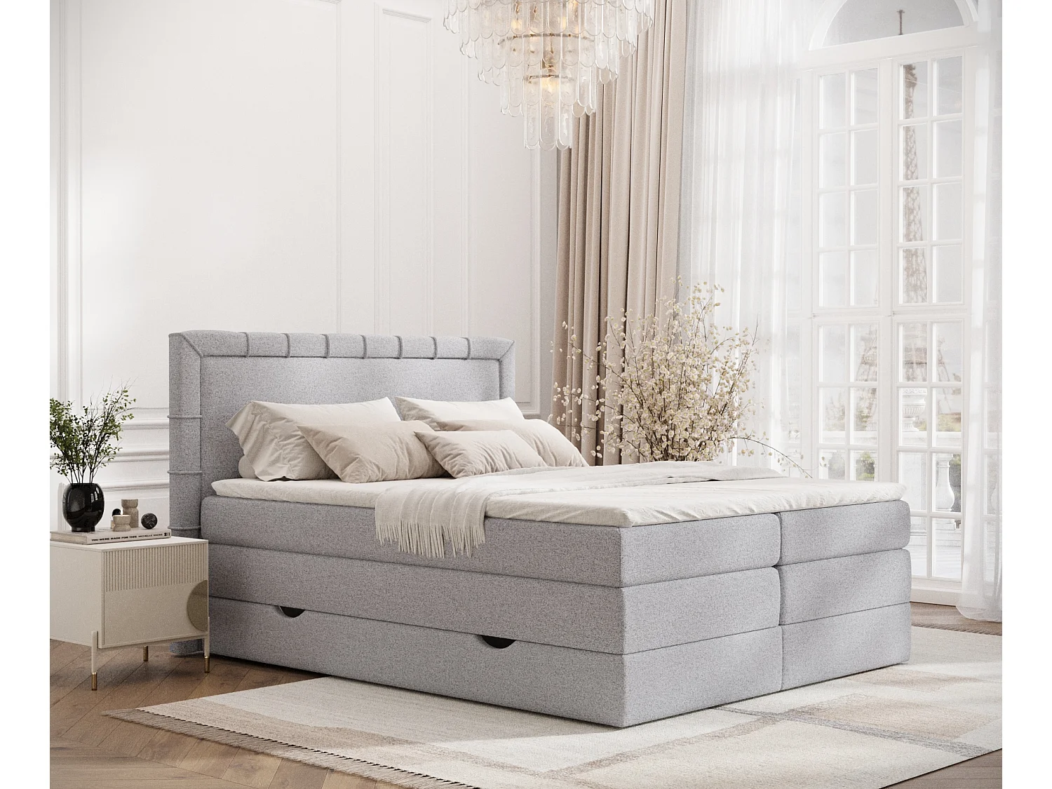 Łóżko boxspring w tkaninie plecionej Rosabel - materac - topper - 160x200 cm - jasnoszary 3982582 - obrazek 1