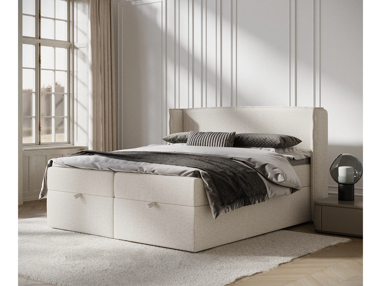 Łóżko boxspring w tkaninie plecionej Passion - materac - topper - 180x200 cm - beżowy 3982593 - obrazek 1