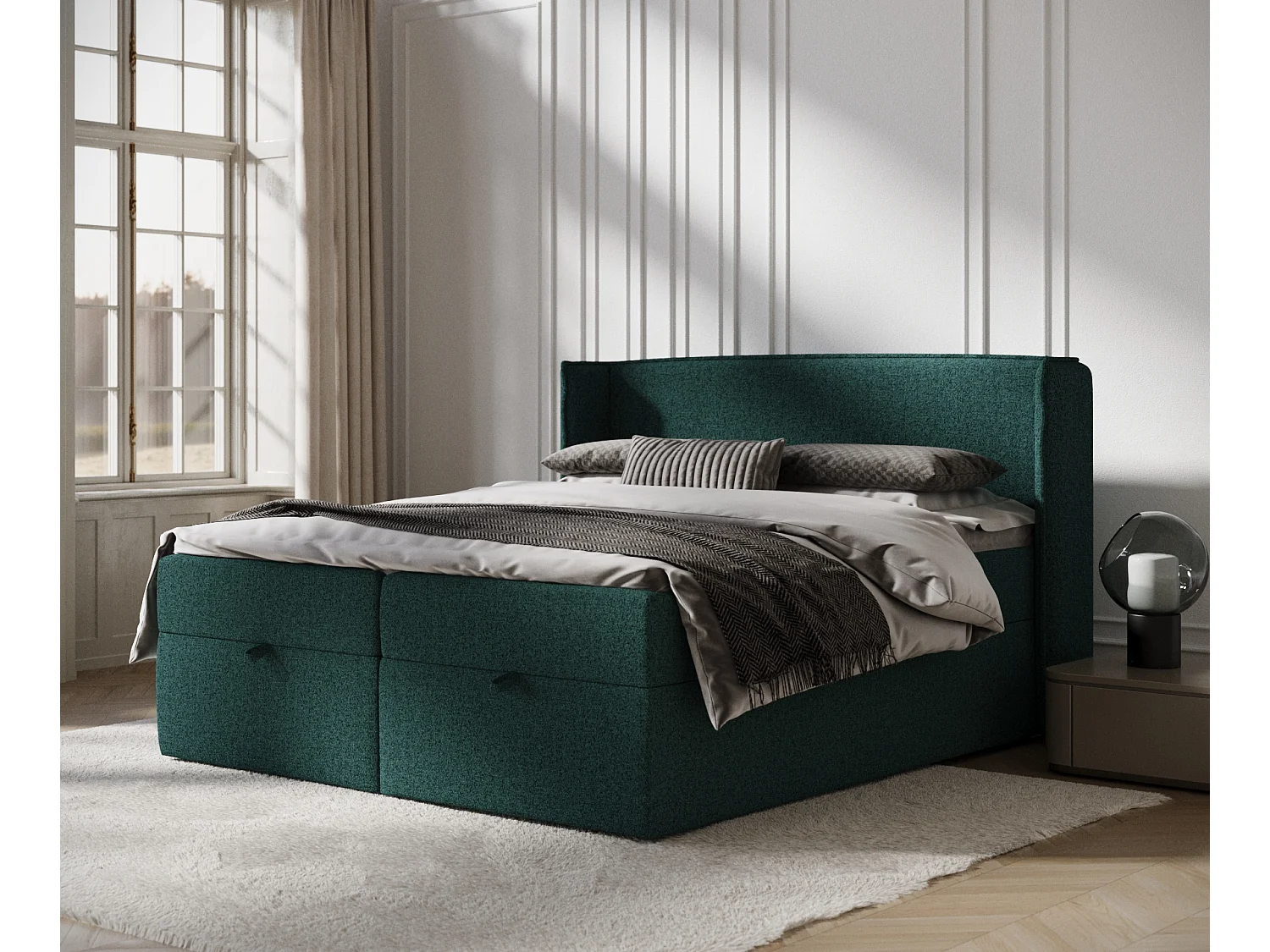 Łóżko boxspring w tkaninie plecionej Passion - materac - topper - 160x200 cm - zielony 3982597 - obrazek 1