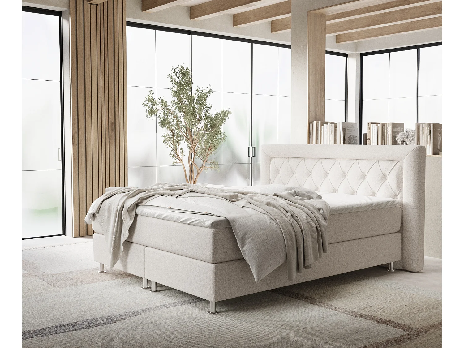 Łóżko boxspring w tkaninie plecionej Lavello - materac - topper - 180x200 cm - beżowy 3991373 - obrazek 1