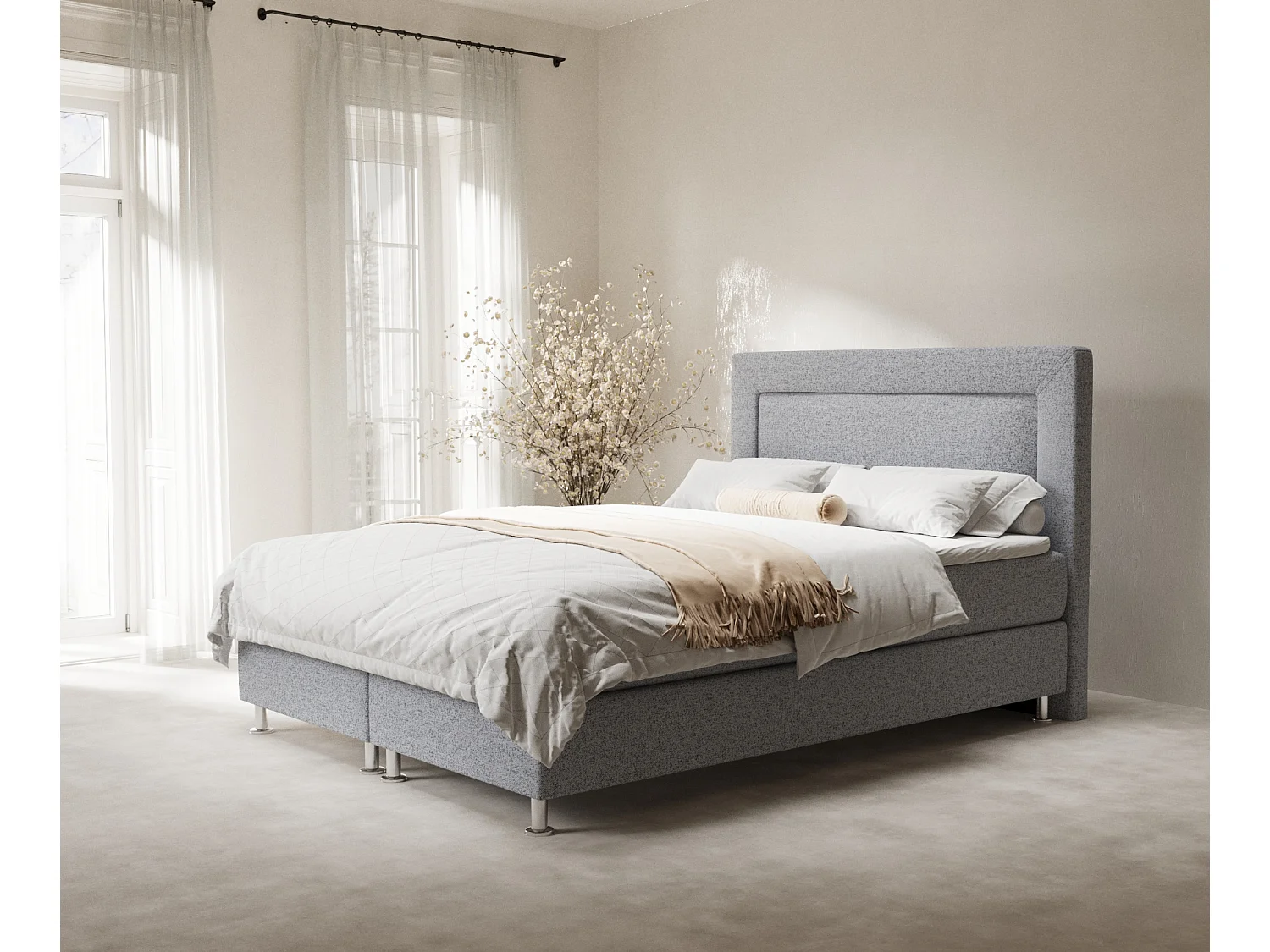 Łóżko boxspring w tkaninie plecionej Laguno - materac - topper - 180x200 cm - szary 3991390 - obrazek 1