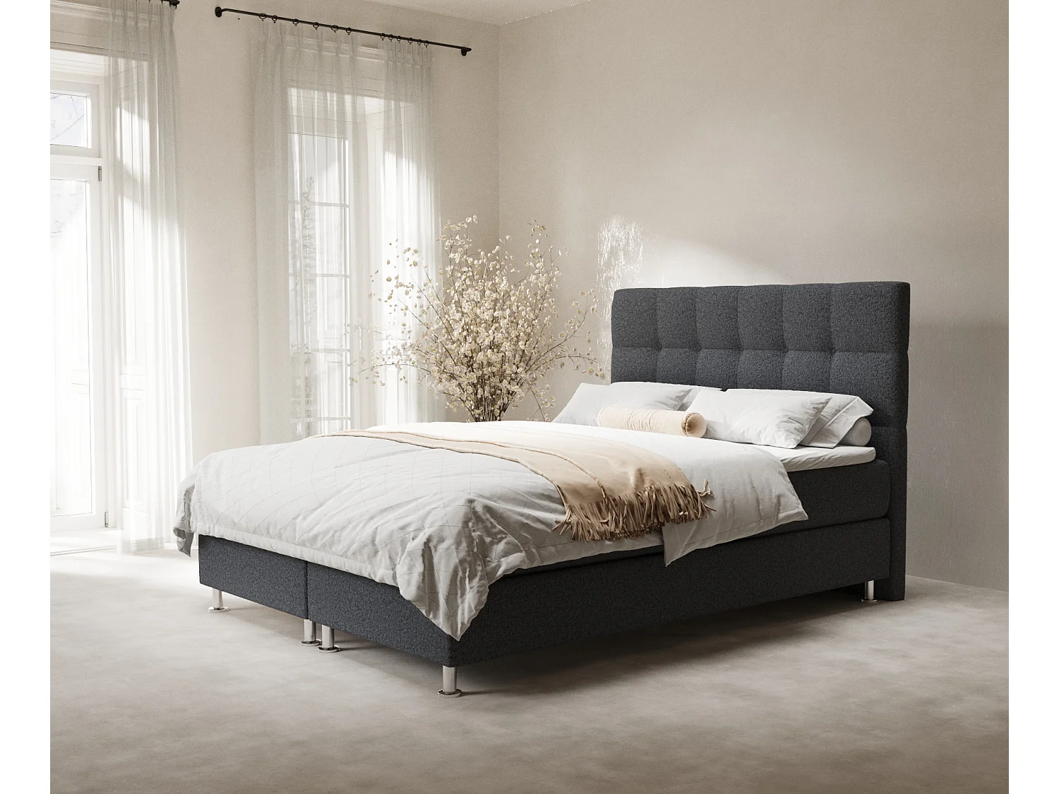 Łóżko boxspring w tkaninie plecionej Chanton – materac – topper – 140×200 cm – czarny 3991422